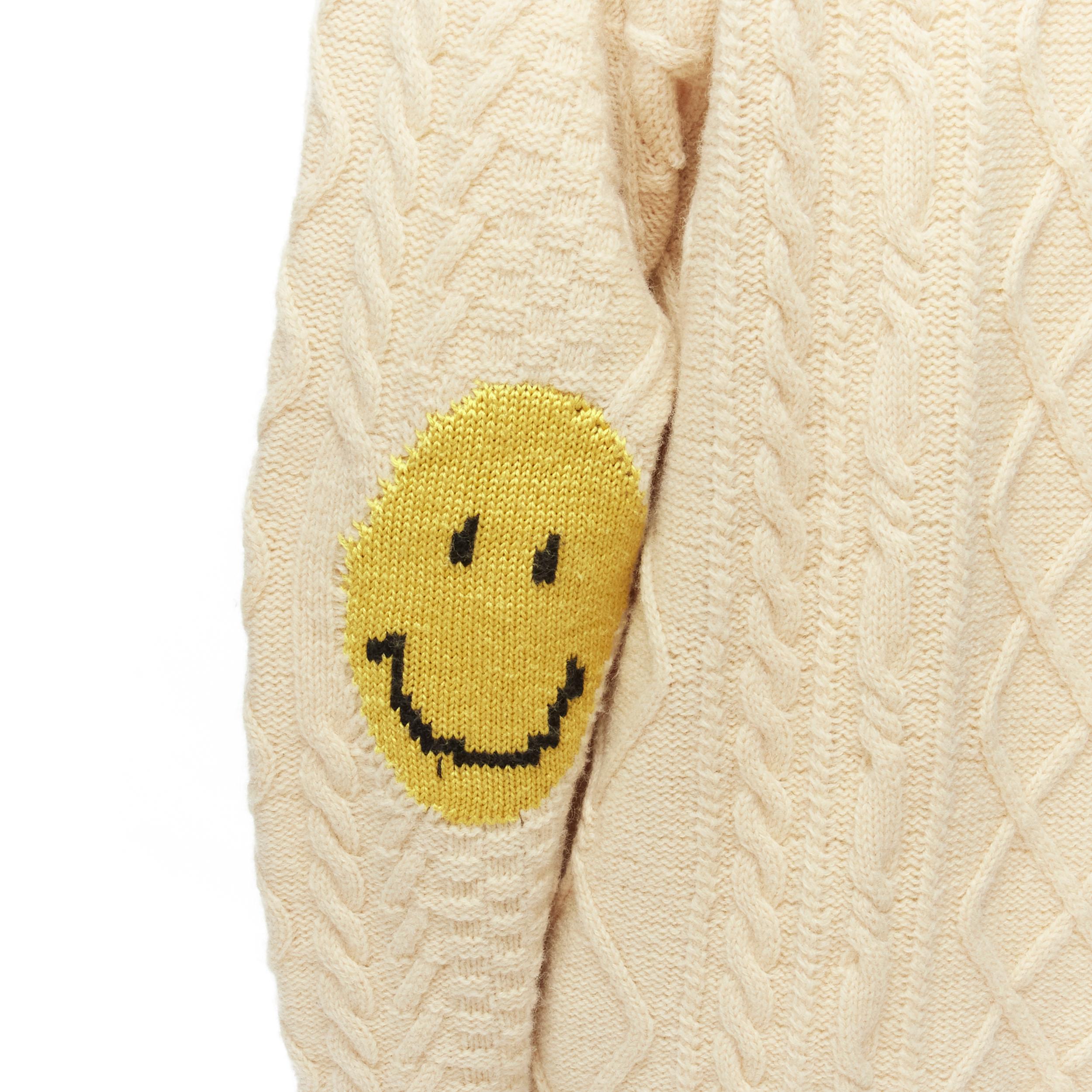 KAPITAL 5G cream wool Happy Smiley elbow patch cable knit cardigan JP1 S 4