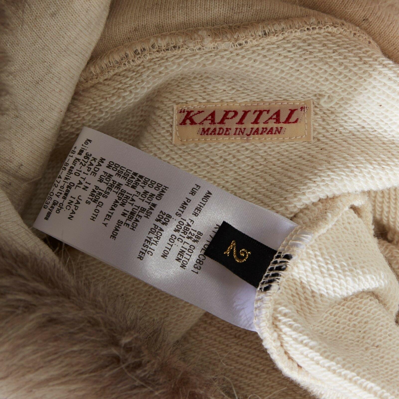 KAPITAL JAPAN beige cotton faux fur collar patch pocket oversized sweater top S 4