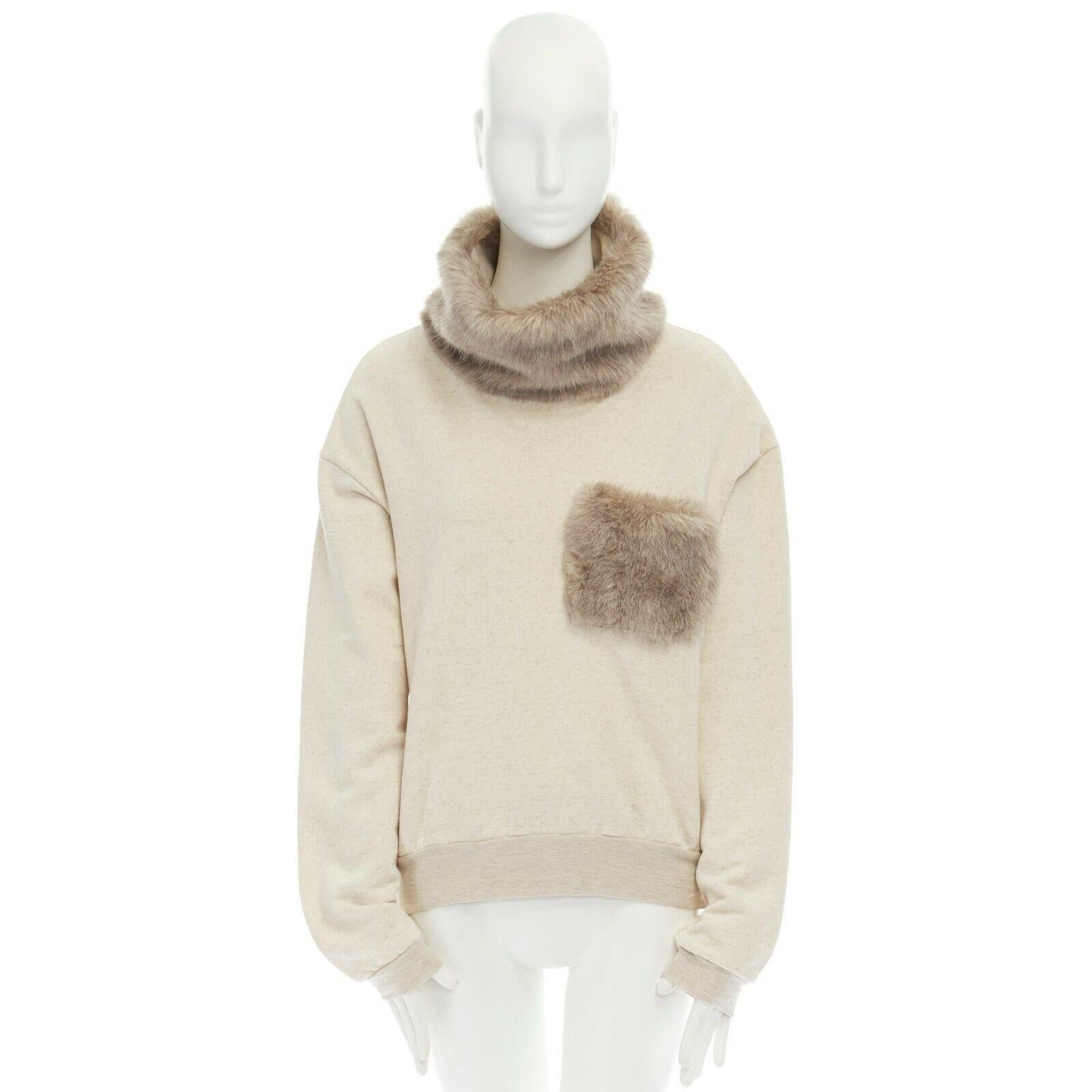 KAPITAL JAPAN beige cotton faux fur collar patch pocket oversized sweater top S Reference: JETI/A00121 
Brand: Kapital 
Material: Cotton 
Color: Cream 
Pattern: Solid 
Extra Detail: Cotton, linen. Light brown faux fur mock collar. Faux fur patched