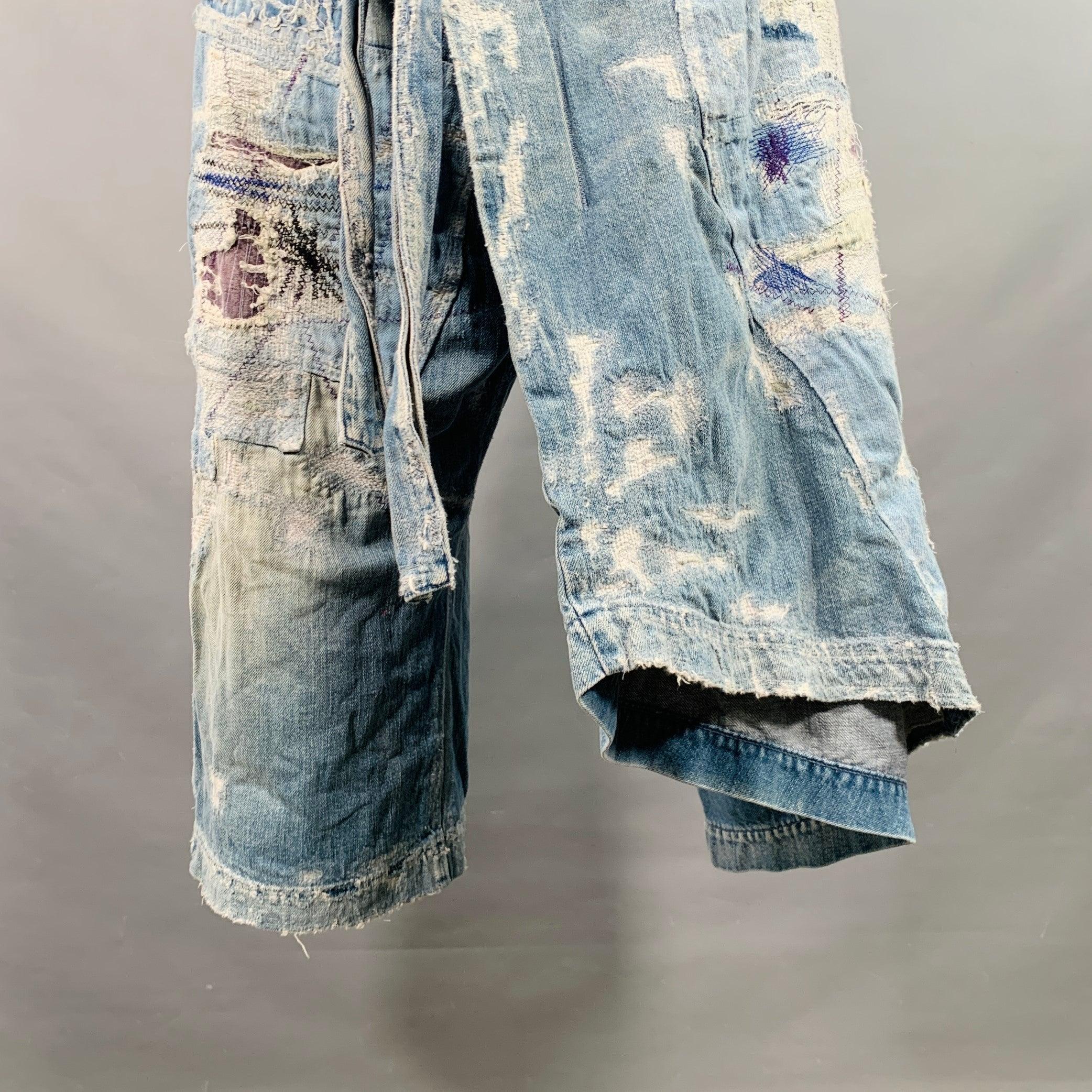 KAPITAL KOUNTRY Pantalones casuales de entrepierna de algodón desgastado azul y blanco en talla L Crash Reissue Gris en venta