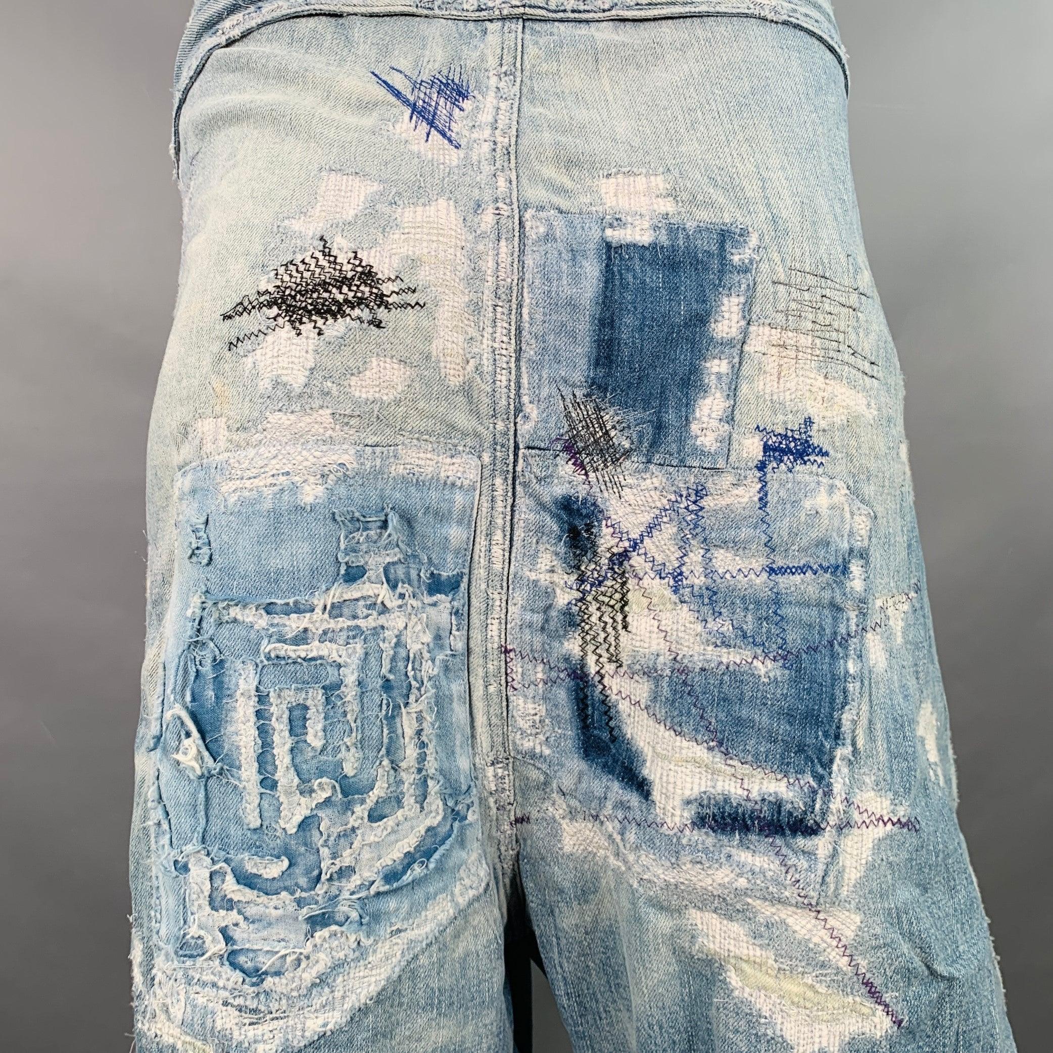De los hombres KAPITAL KOUNTRY Pantalones casuales de entrepierna de algodón desgastado azul y blanco en talla L Crash Reissue en venta