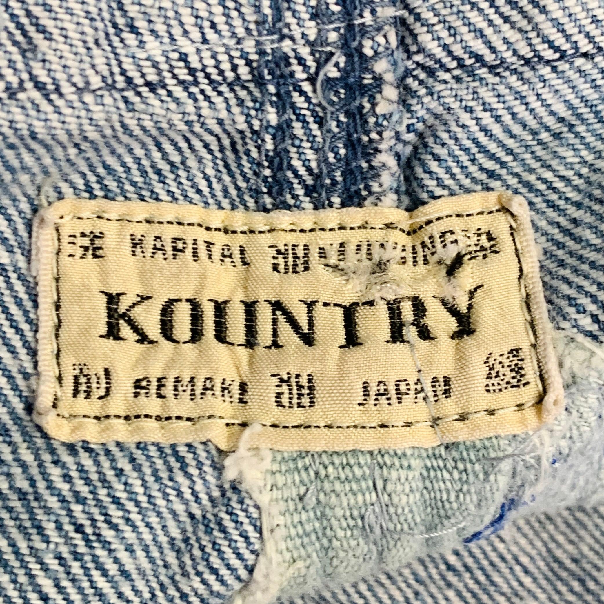 KAPITAL KOUNTRY Pantalones casuales de entrepierna de algodón desgastado azul y blanco en talla L Crash Reissue en venta 1