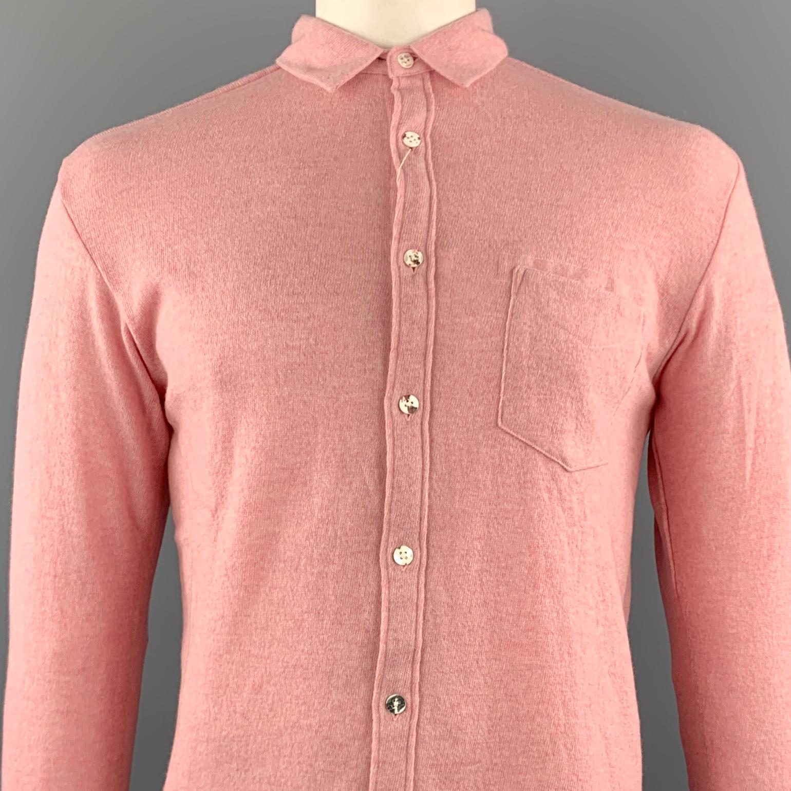 KAPITAL Long Sleeve Shirt comes in a rose pink knitted wool featuring a button up style, patch pocket, and a spread collar. Made in Japan.

New With Tags. 
Marked: 3
Original Retail Price: $406.00

Measurements:

Shoulder: 18 in. 
Chest: 44