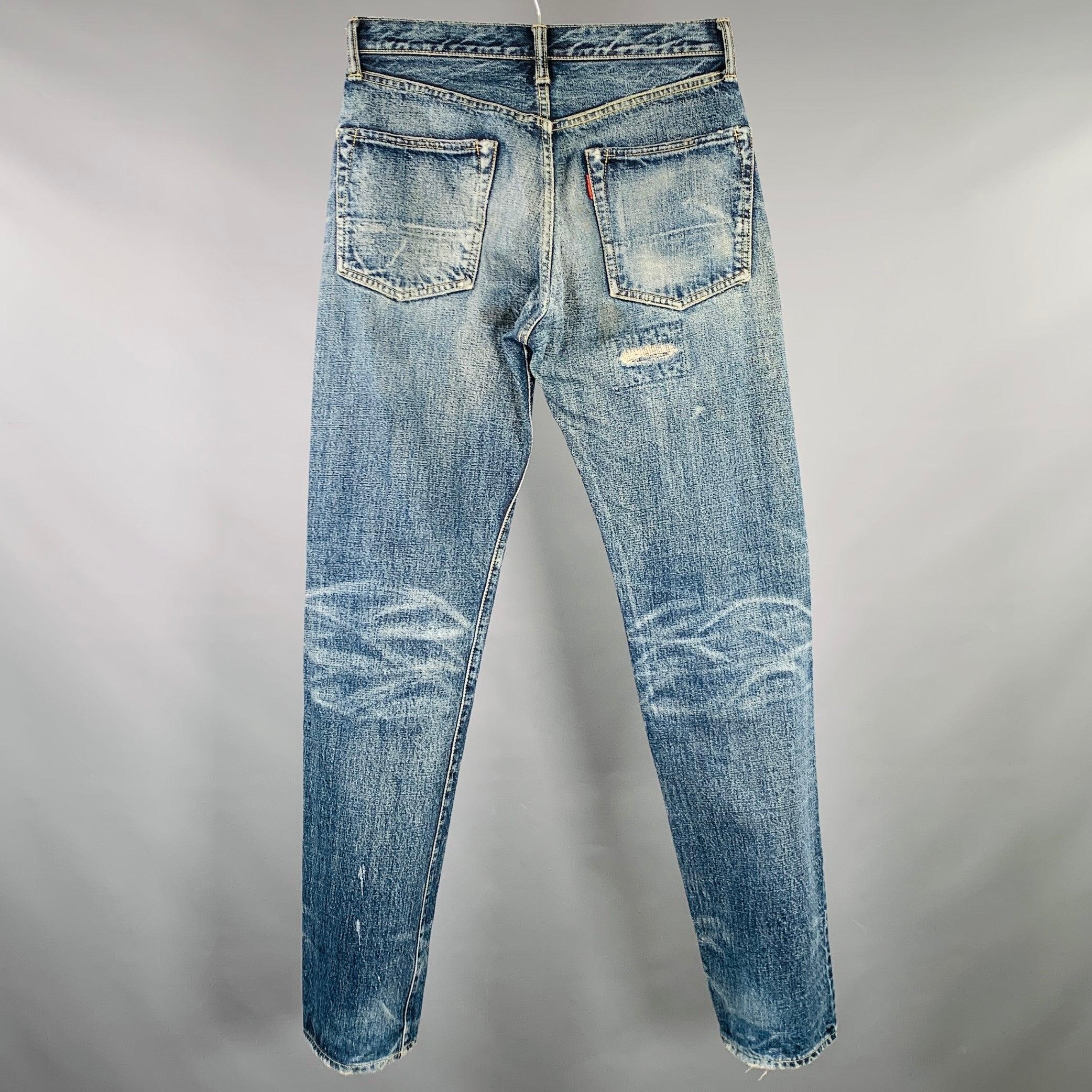 KAPITAL Size 29 Blue Distressed Cotton Straight Five Pockets Jeans In Excellent Condition For Sale In San Francisco, CA