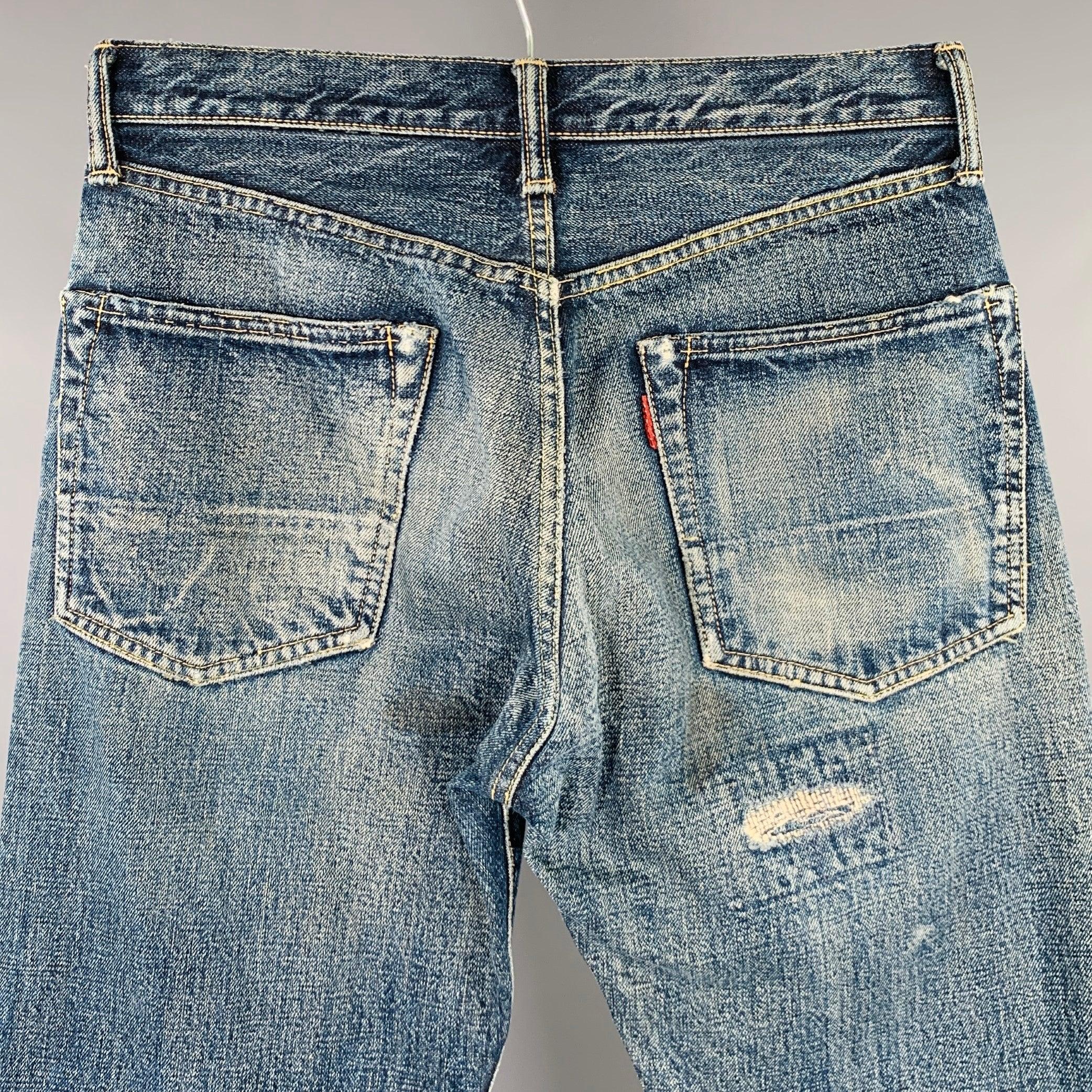 KAPITAL Size 29 Blue Distressed Cotton Straight Five Pockets Jeans For Sale 1