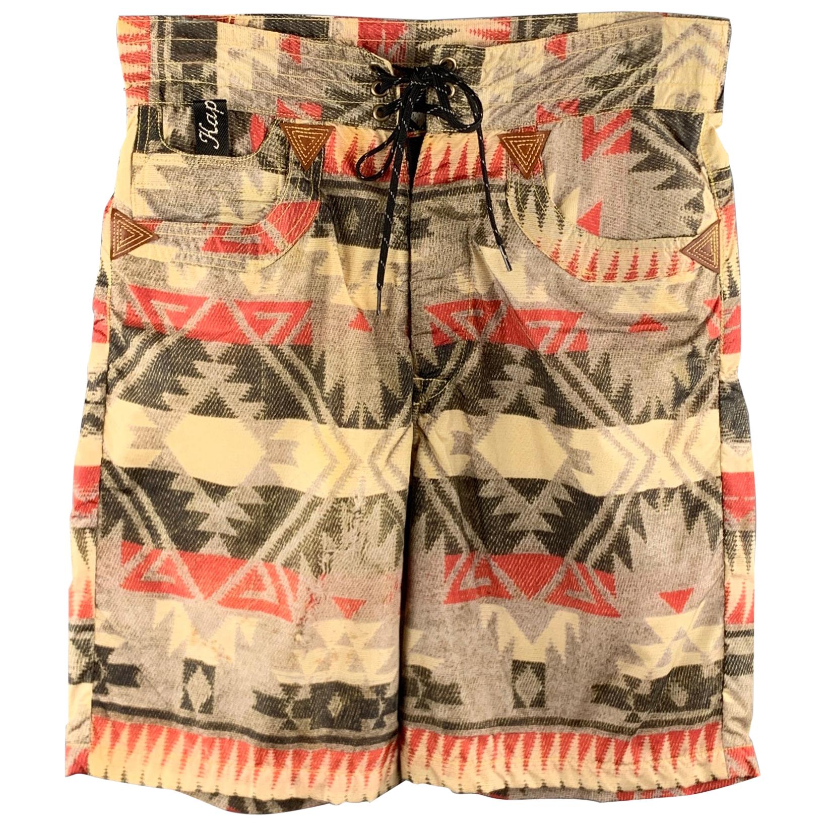 KAPITAL Size 30 Khaki Print Nylon Lined Back Belt Swim Trunks