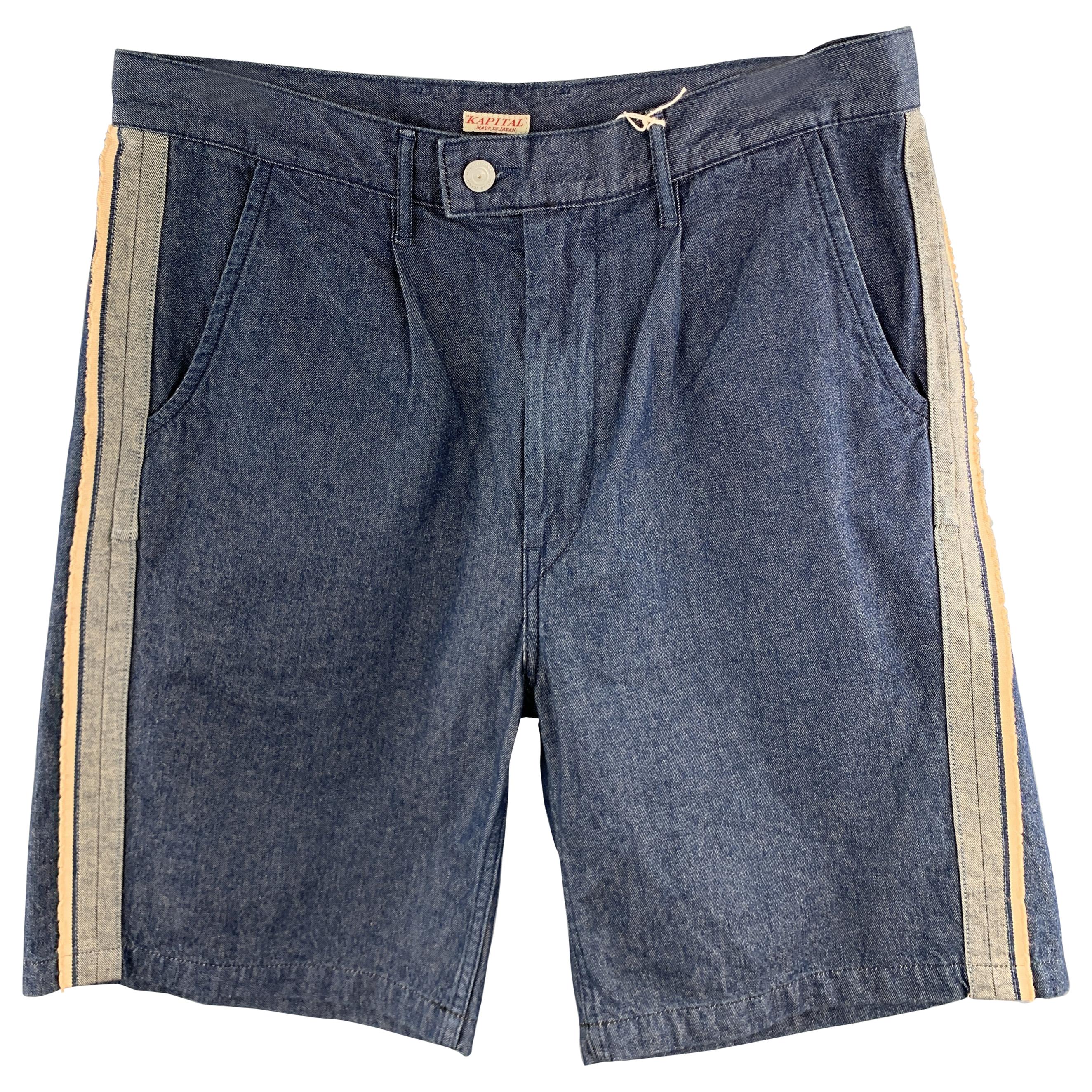 KAPITAL Size 34 Indigo Solid Cotton Pleated Shorts