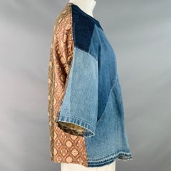 KAPITAL Size L Blue Brown Patchwork Cotton Blend Crew Neck T-shirt