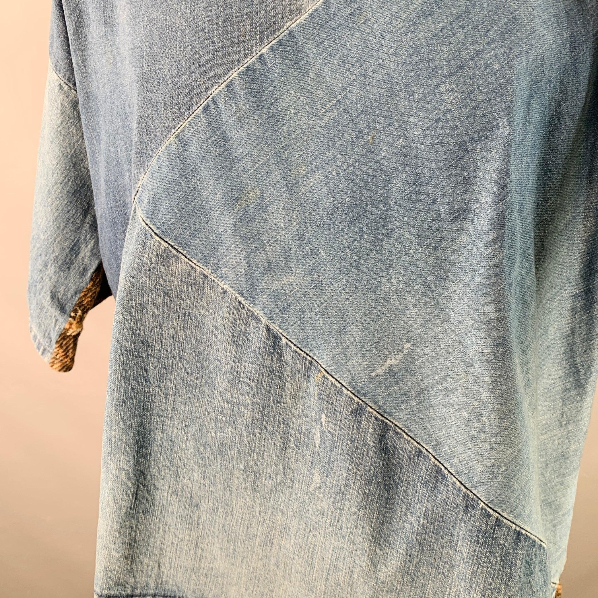 KAPITAL Camiseta cuello redondo patchwork algodón mezcla azul marrón talla L en Bueno estado para la venta en San Francisco, CA
