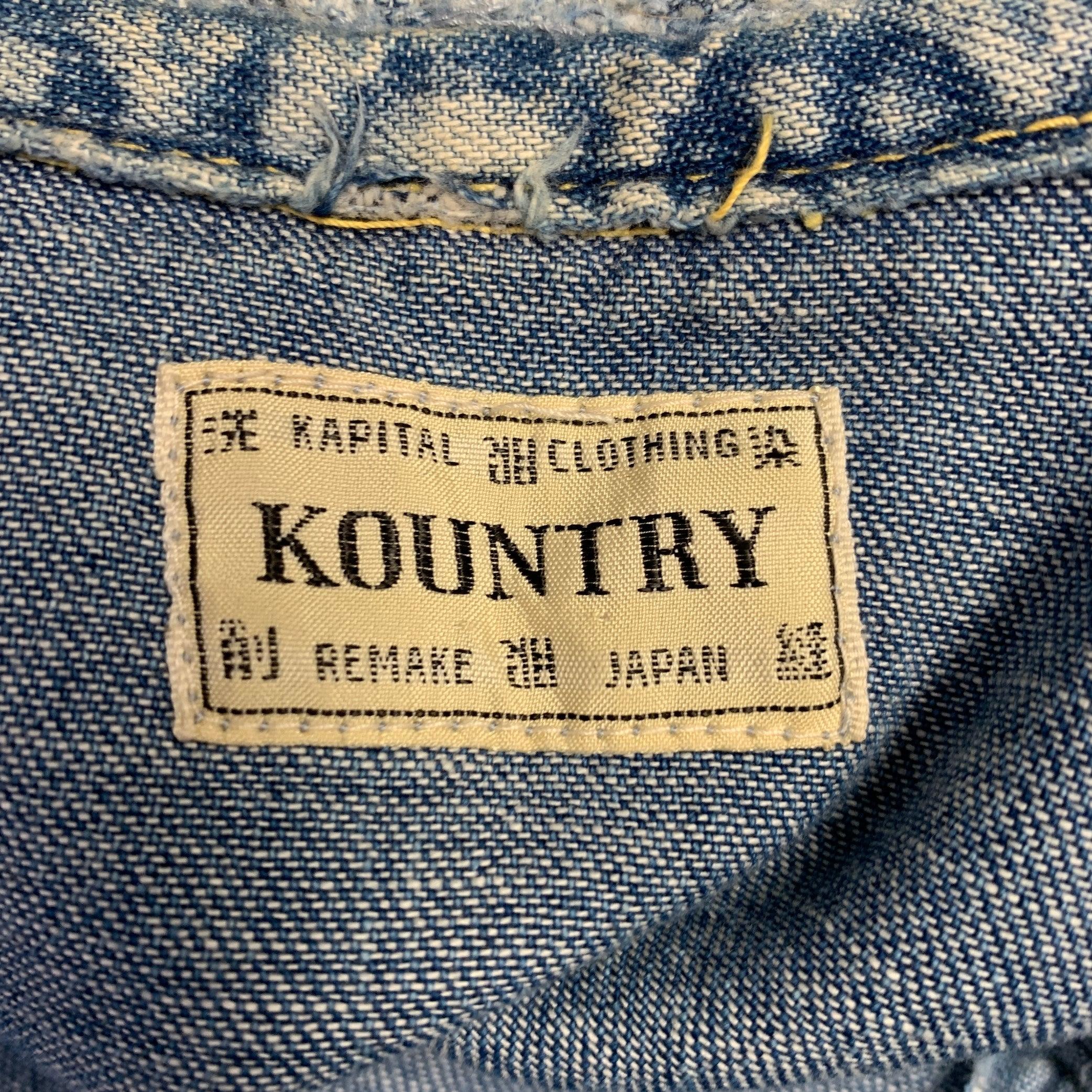 KAPITAL Size L Indigo Distressed Denim Snaps Long Sleeve Shirt For Sale 1