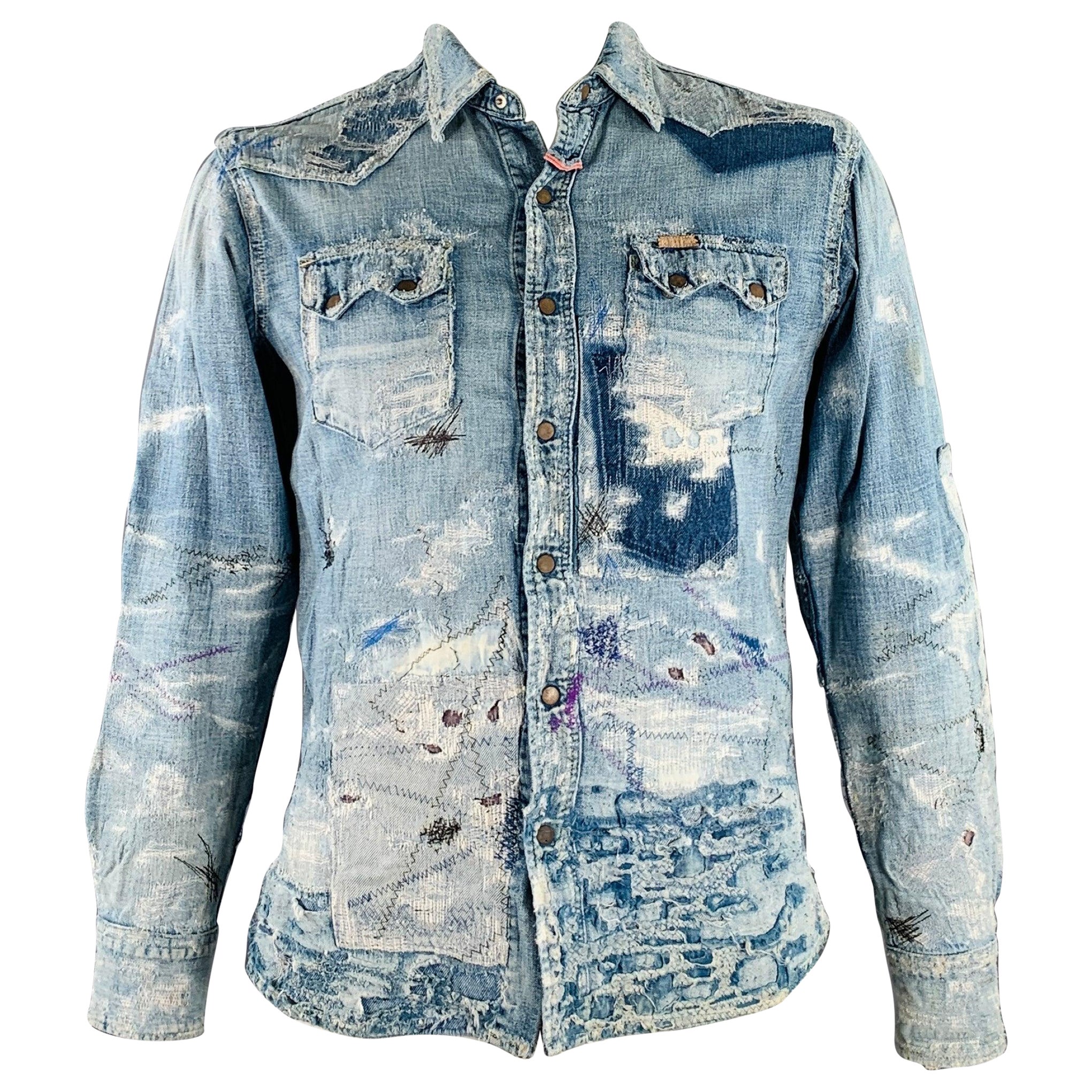Kapital Size L Indigo Distressed Denim Snaps Long Sleeve Shirt