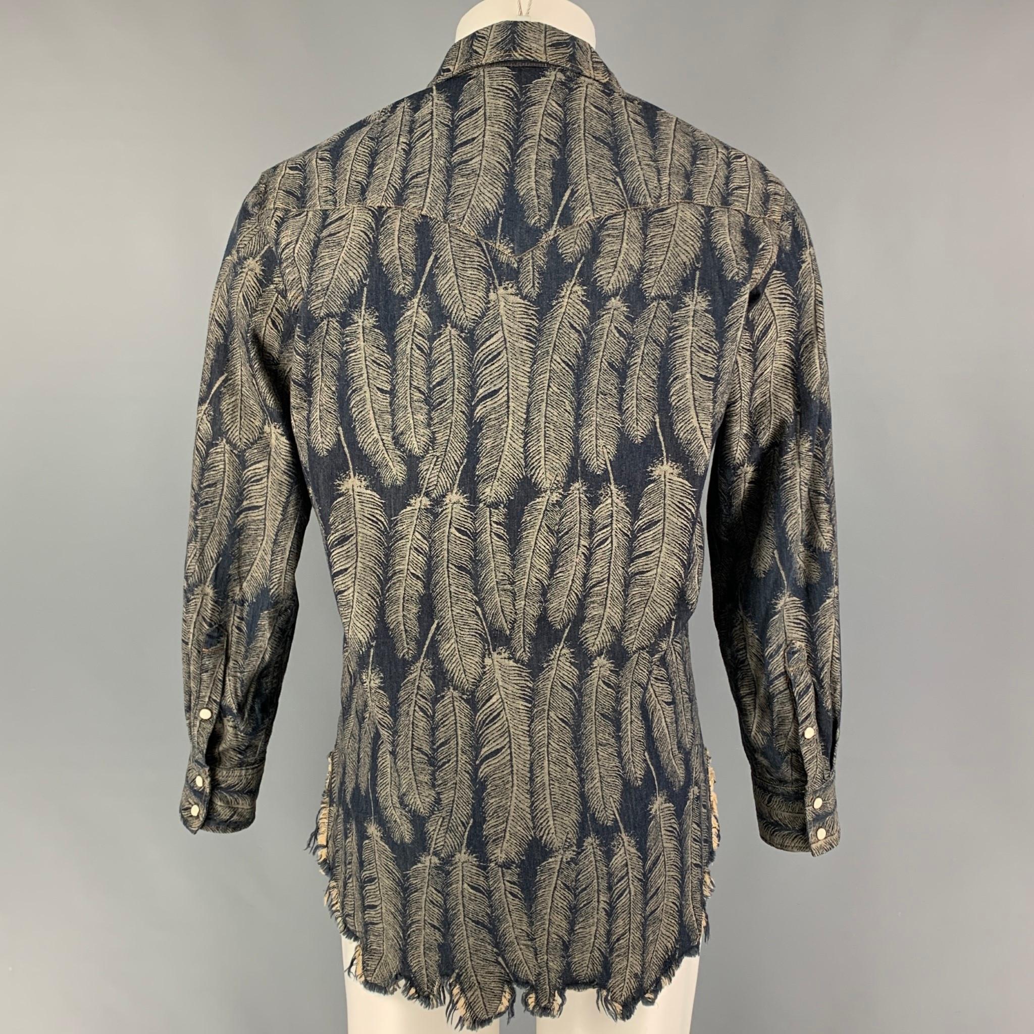 KAPITAL Size L Indigo Grey Feathers Cotton Raw Edge Long Sleeve Shirt In Good Condition In San Francisco, CA