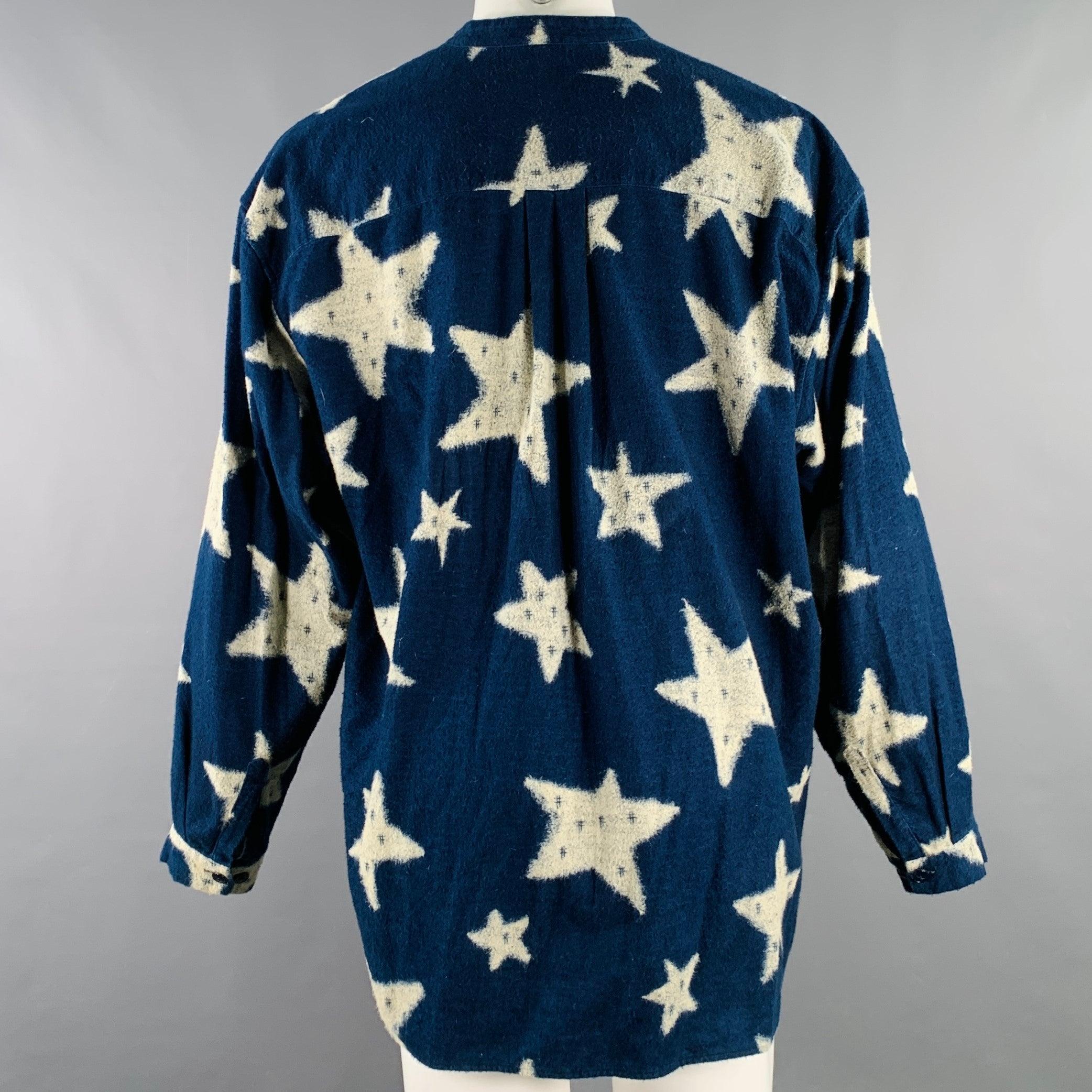 Blue KAPITAL Size L Indigo White Stars Cotton Nehru Collar Long Sleeve Shirt