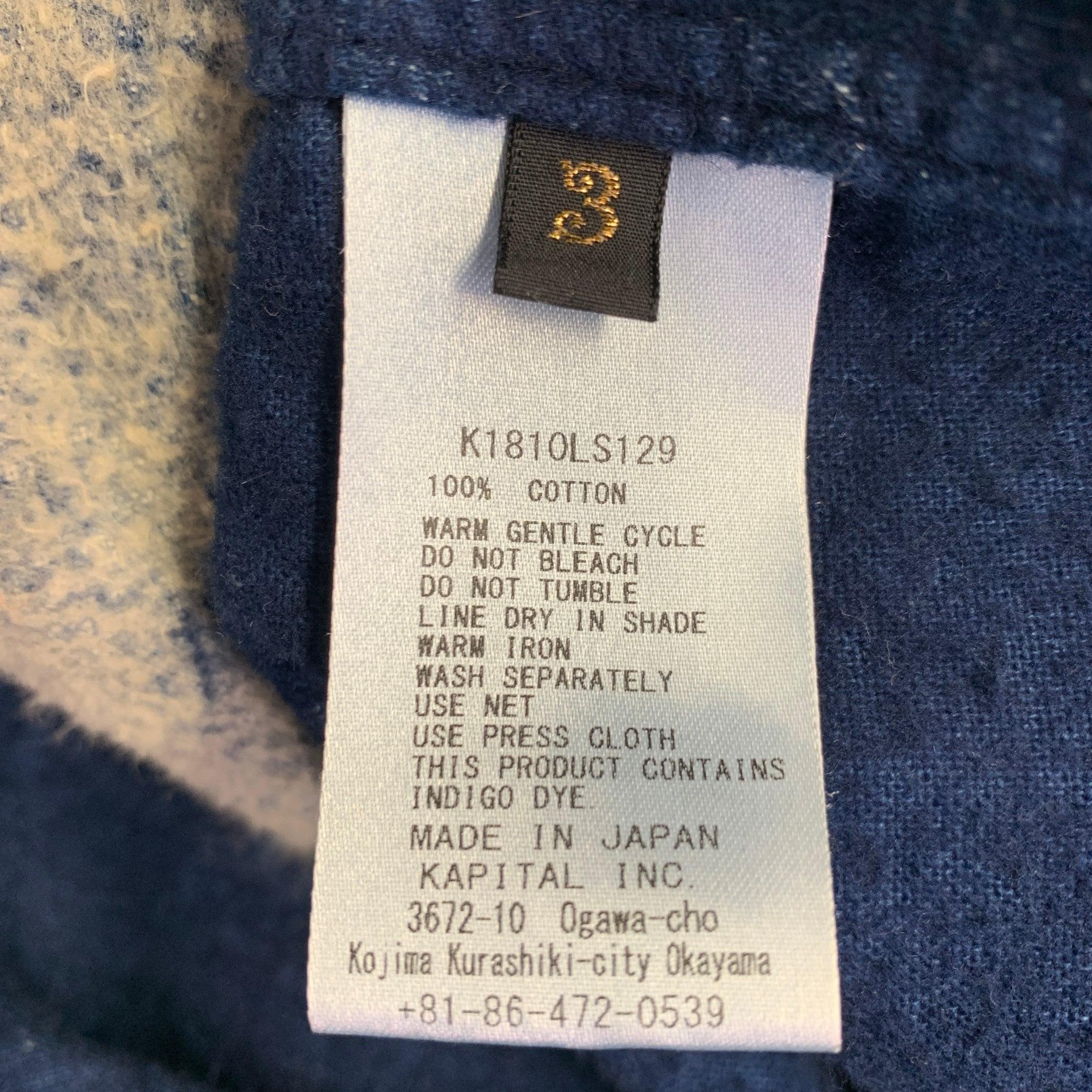 Men's KAPITAL Size L Indigo White Stars Cotton Nehru Collar Long Sleeve Shirt
