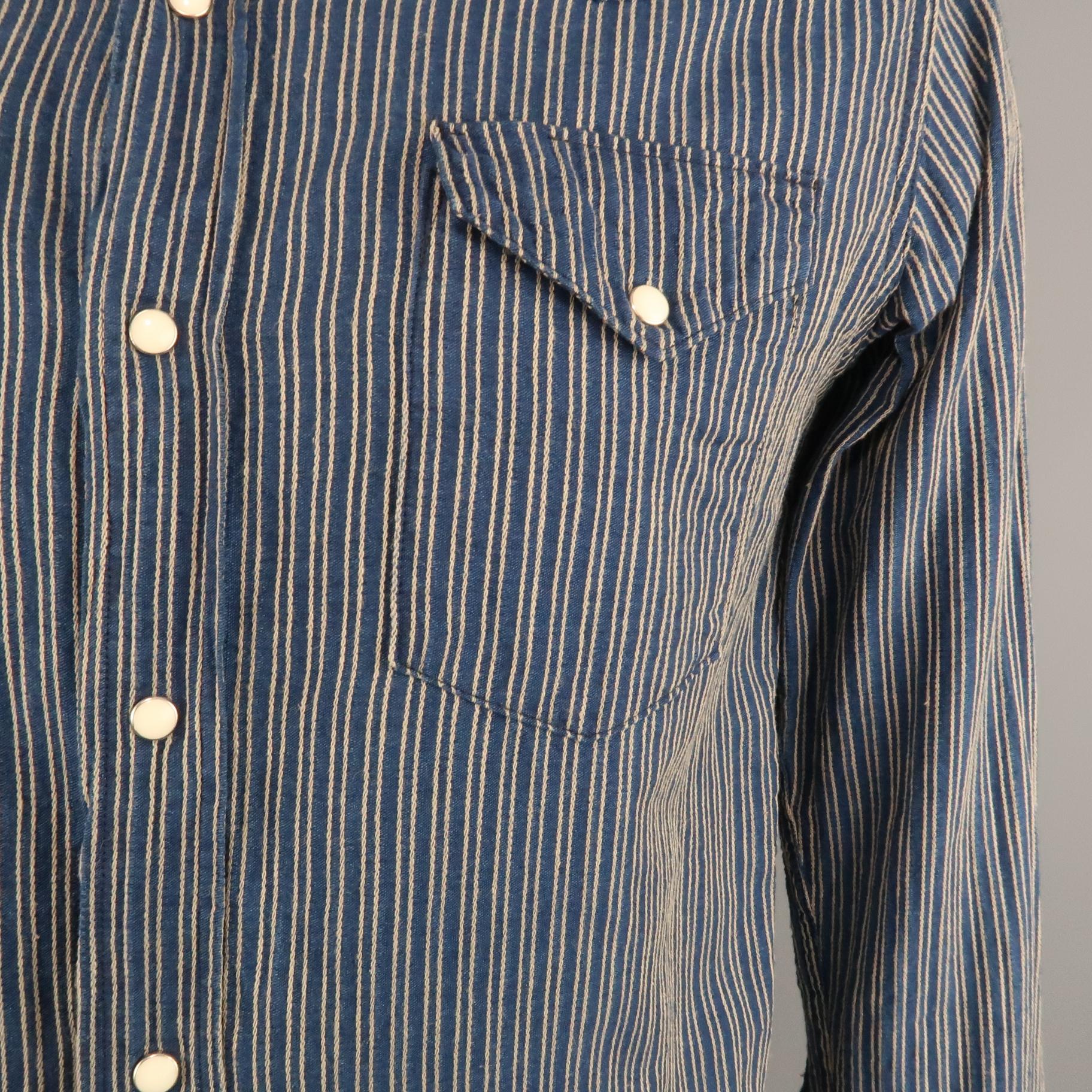 Gray KAPITAL Size L Navy & Gold Stripe Cotton Snaps Long Sleeve Shirt