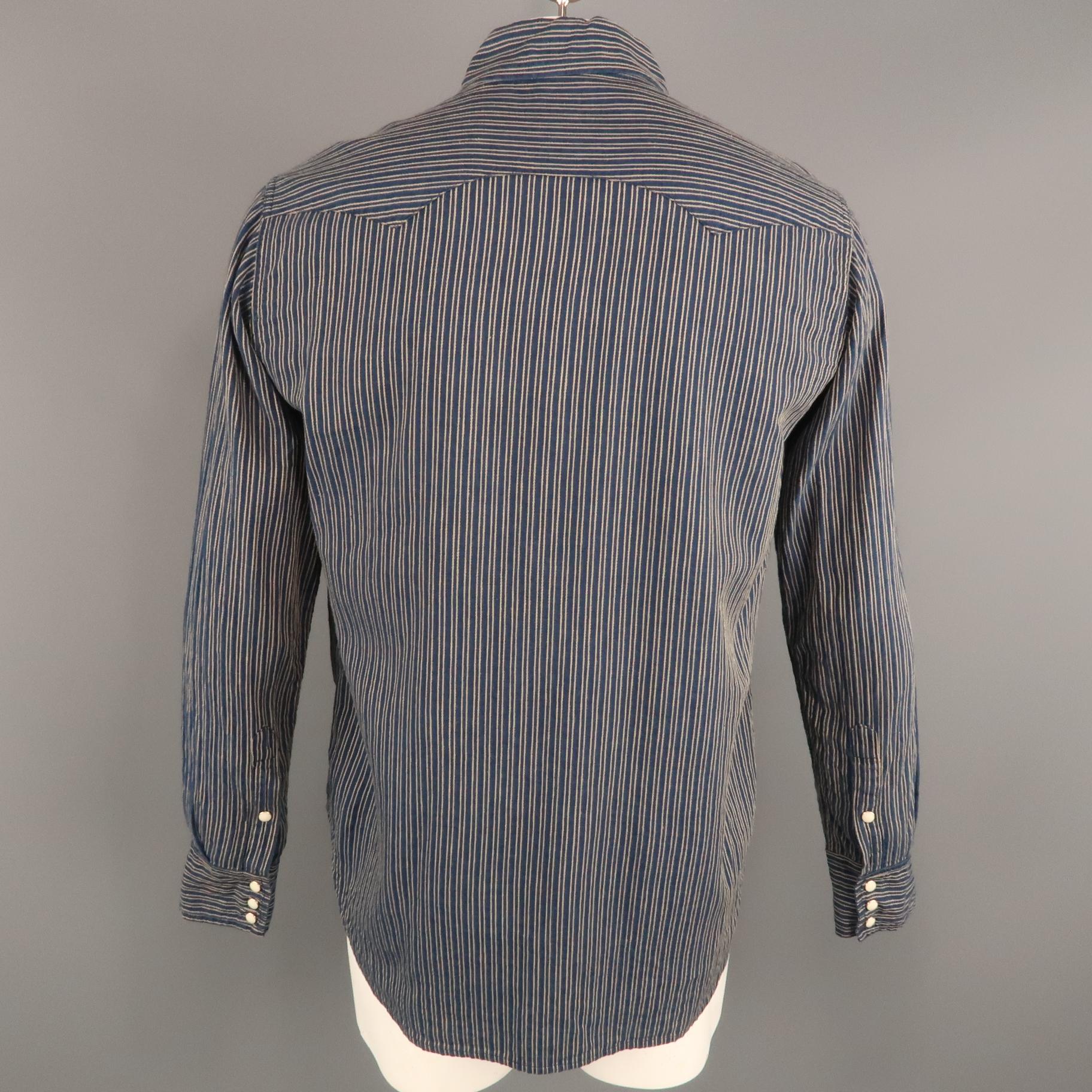 Men's KAPITAL Size L Navy & Gold Stripe Cotton Snaps Long Sleeve Shirt