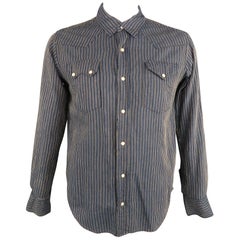 KAPITAL Size L Navy & Gold Stripe Cotton Snaps Long Sleeve Shirt
