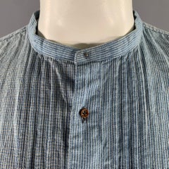 KAPITAL Size XL Blue White Stripe Cotton Linen Band Collar Long Sleeve Shirt