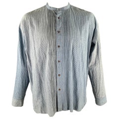 KAPITAL Size XL Blue White Stripe Cotton Linen Band Collar Long Sleeve Shirt