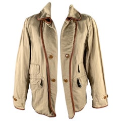 KAPITAL Size XL Khaki Cotton Hemp Leather Trim Notch Lapel Jacket