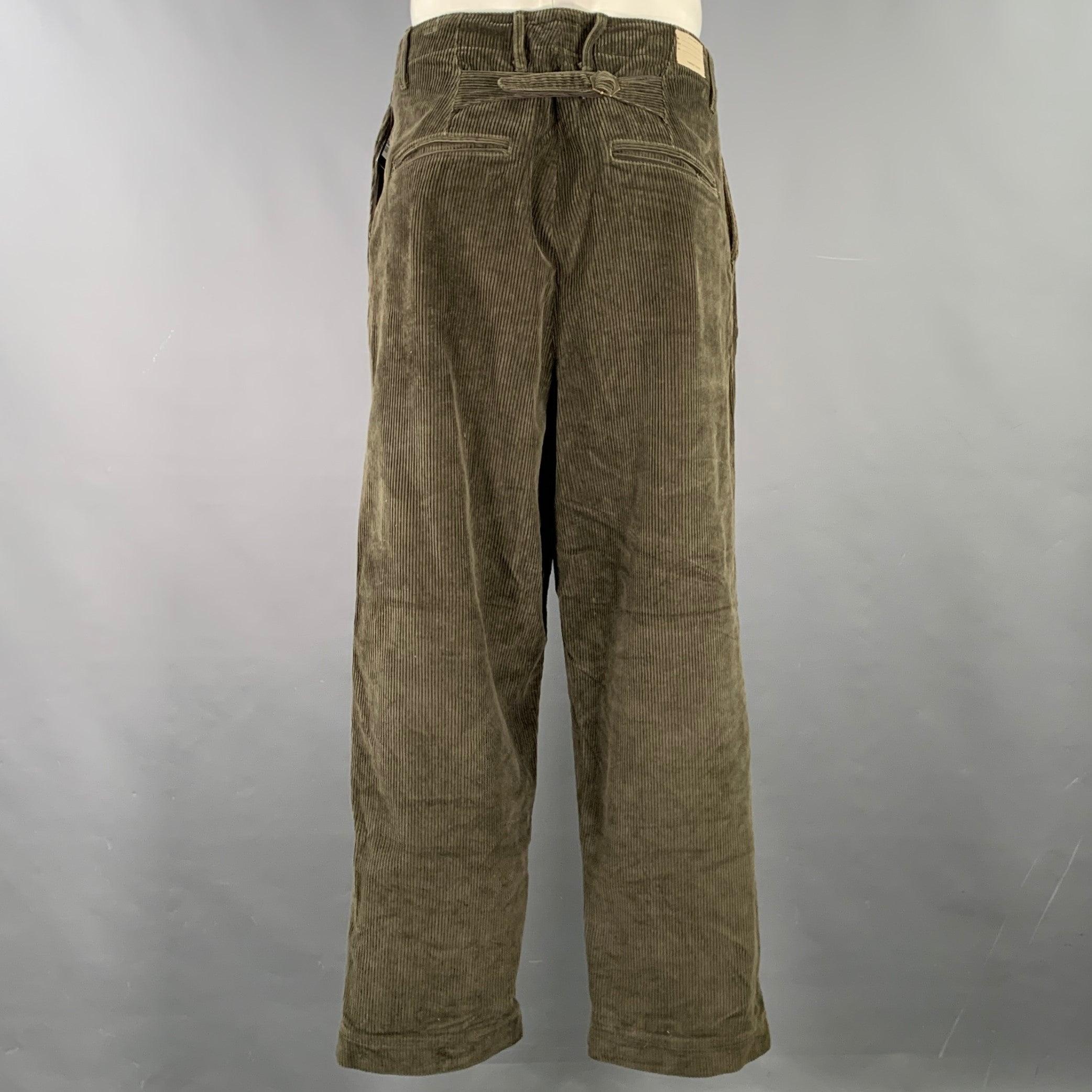 KAPITAL Talla XL Pantalones de vestir de pana de algodón verde oliva con botones y bragueta Marrón en venta