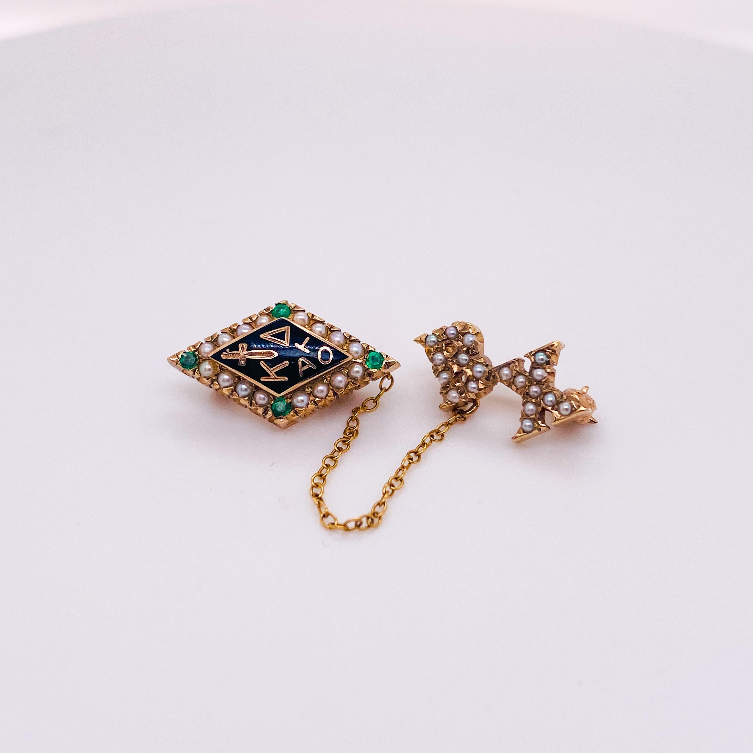 This pin is an estate piece with a beautiful history. The pin represents the Kappa Delta (KD) sorority, originally founded in 1897. The Alpha Phi sorority partners with the Girl Scouts of America and believe in making lifetime friendships and