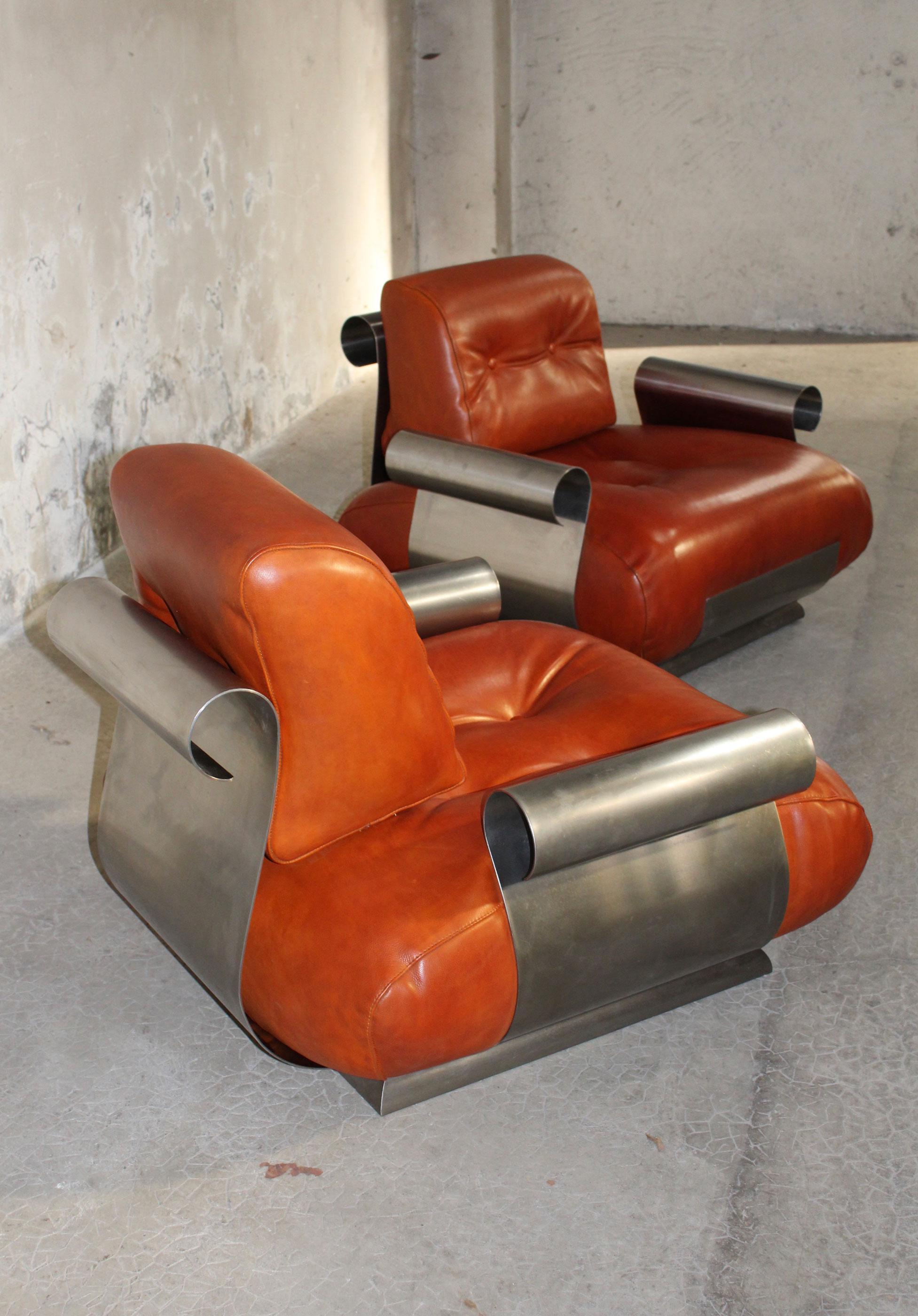Mid-Century Modern Kappa Attr. Pair of Leather and Stainless Armchair