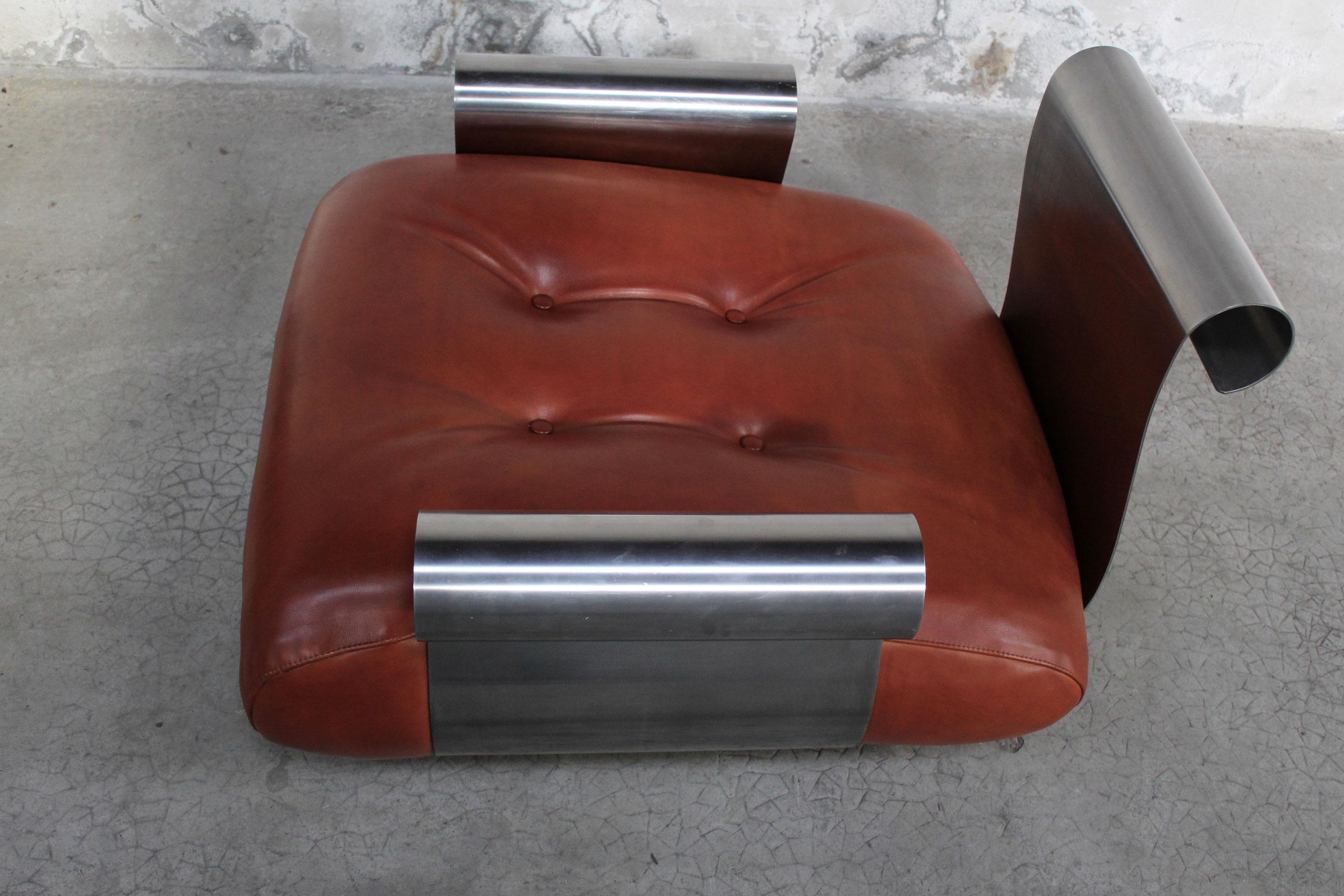 Stainless Steel Kappa Attr. Pair of Leather and Stainless Armchair