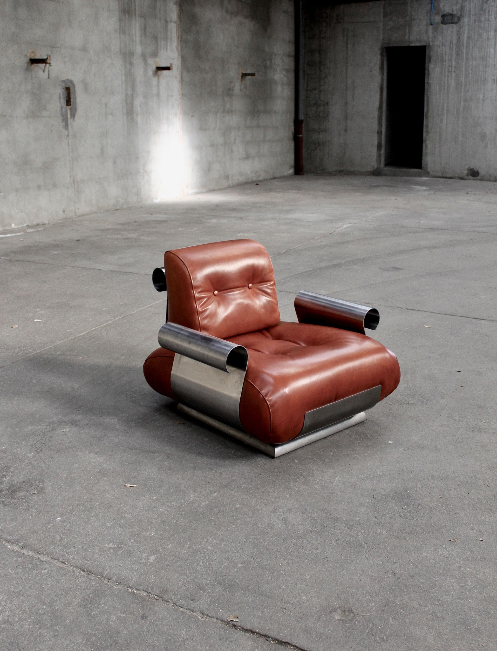 Kappa Attr. Pair of Leather and Stainless Armchair 2