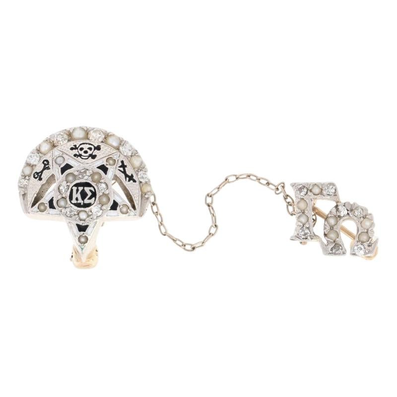 Kappa Sigma Badge, Platinum & 14 Karat White Gold Diamonds Pearls Fraternity Pin