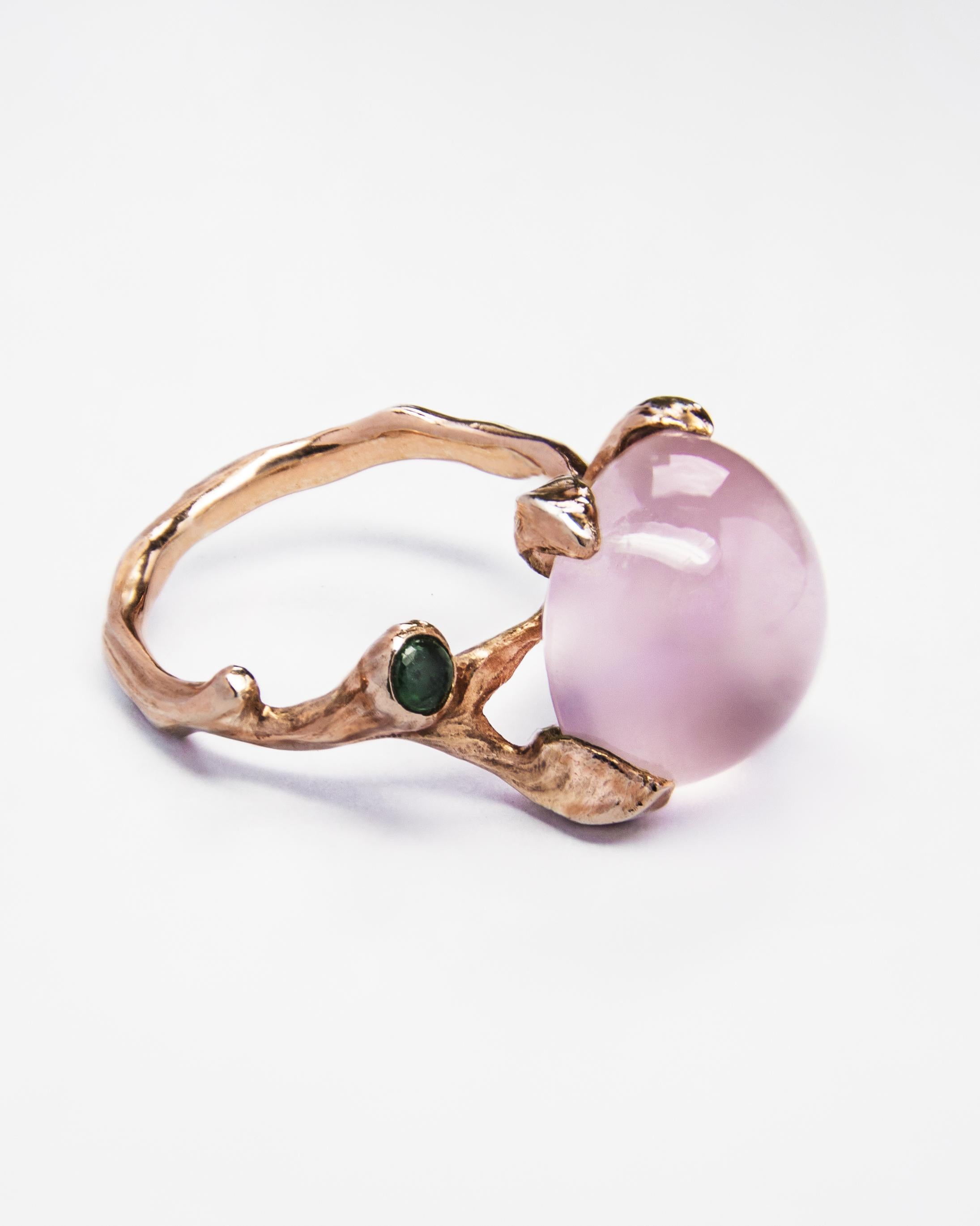Mixed Cut Kara 18K Gold with Rose Quartz and Emerald Ring For Sale
