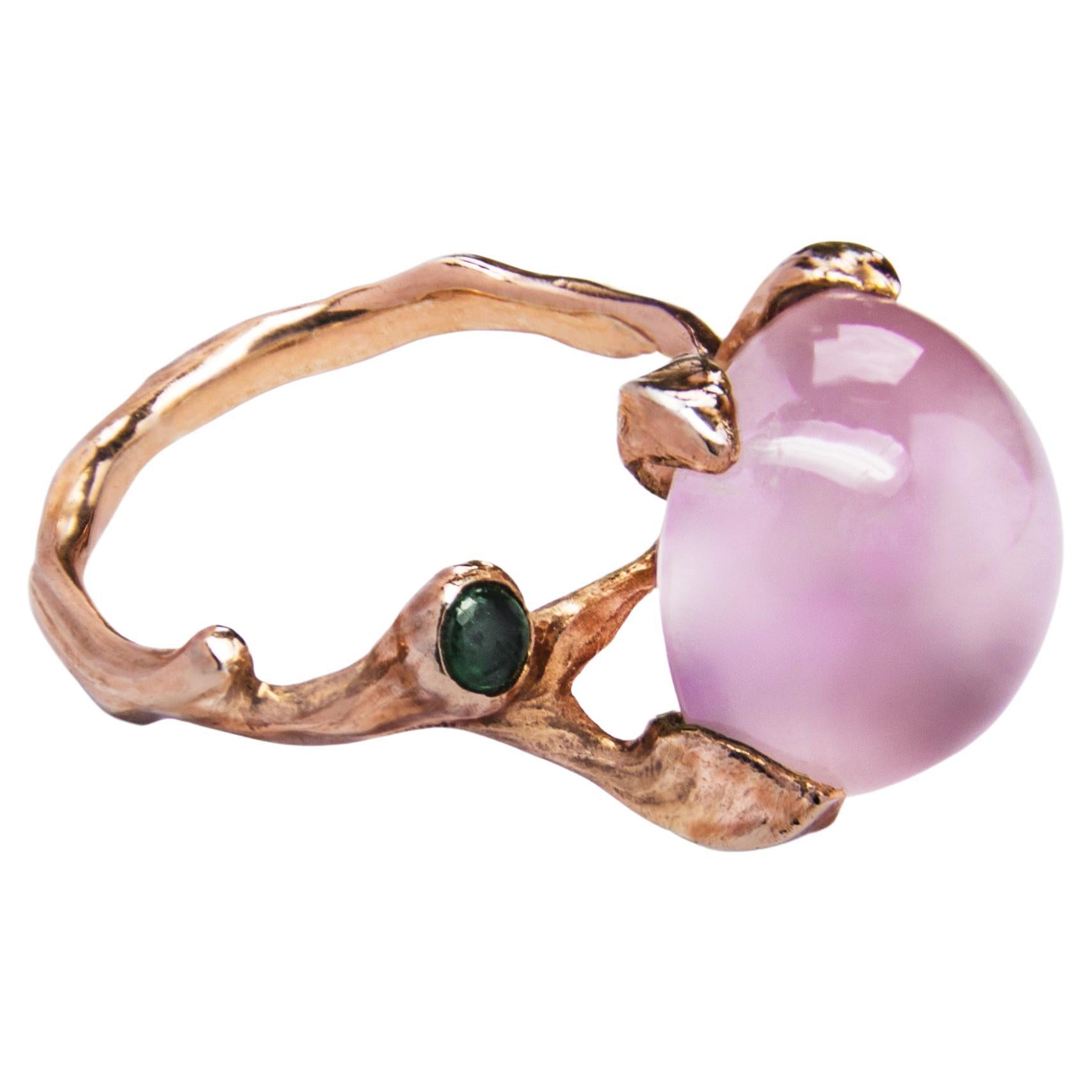 Kara 18K Gold with Rose Quartz and Emerald Ring For Sale