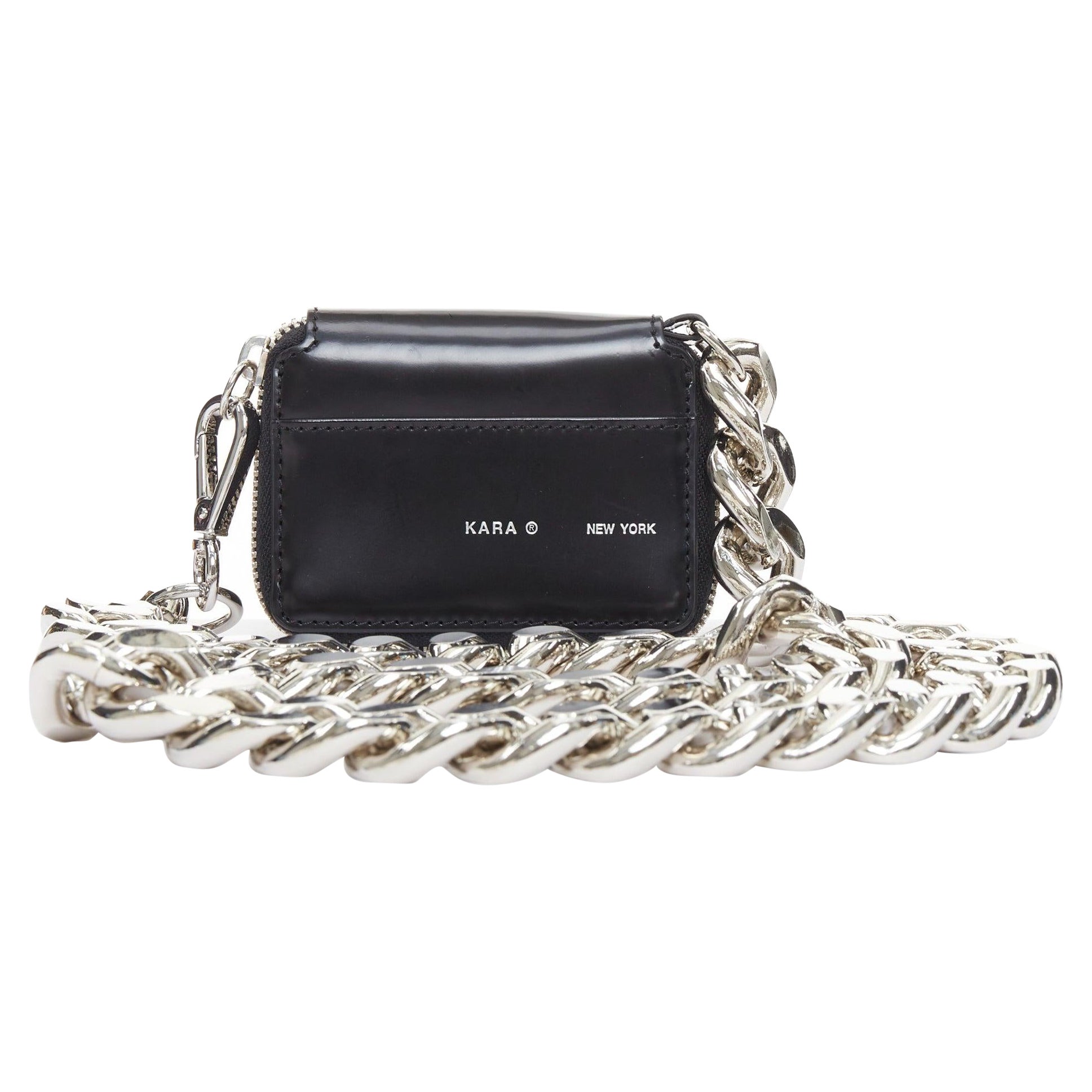 KARA Bike Chain Wallet black leather silver chunky chain micro crossbody bag For Sale