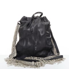 KARA black leather white logo strass fringe crystal mini backpack bag
