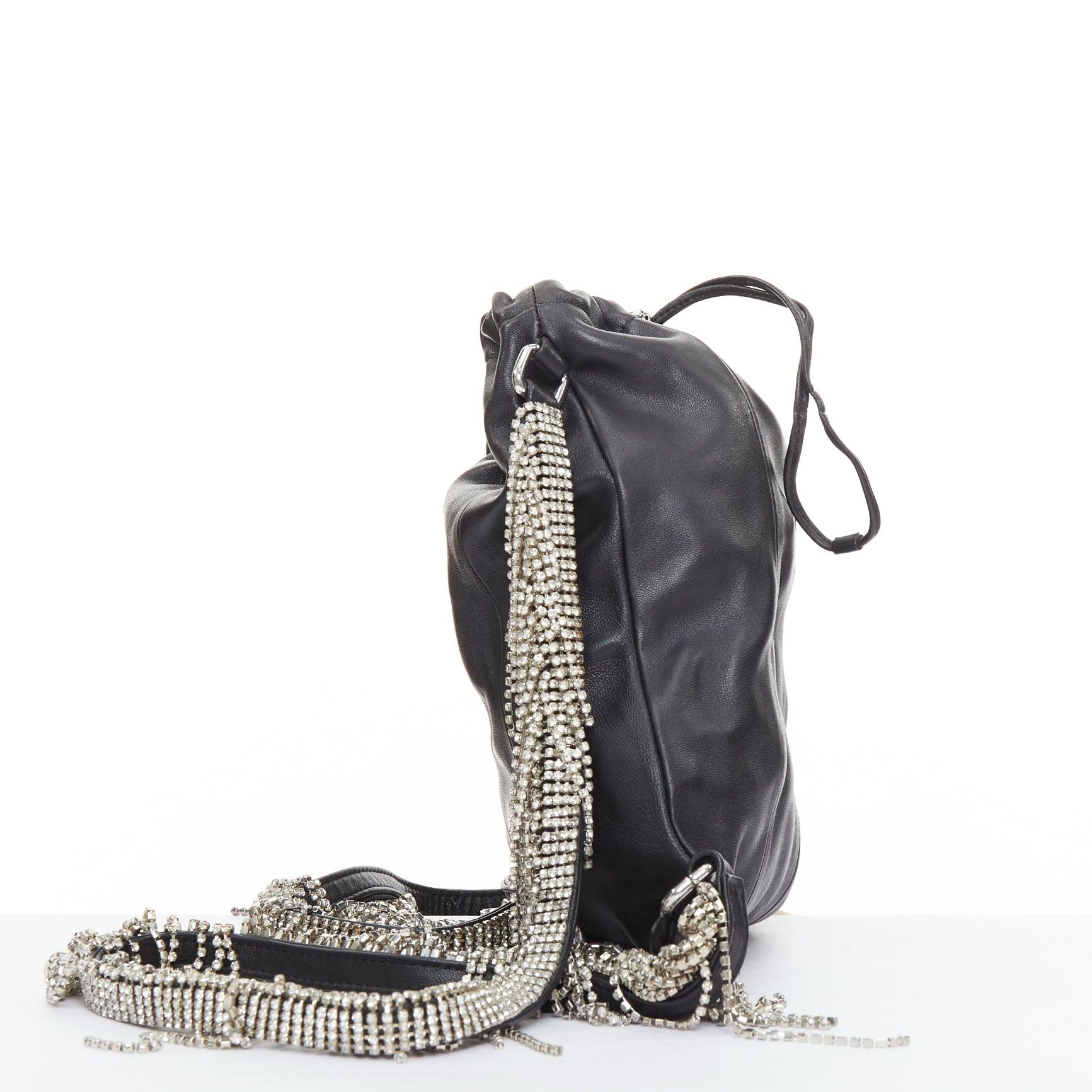 Gray KARA black leather white logo strass fringe crystal mini backpack bag For Sale
