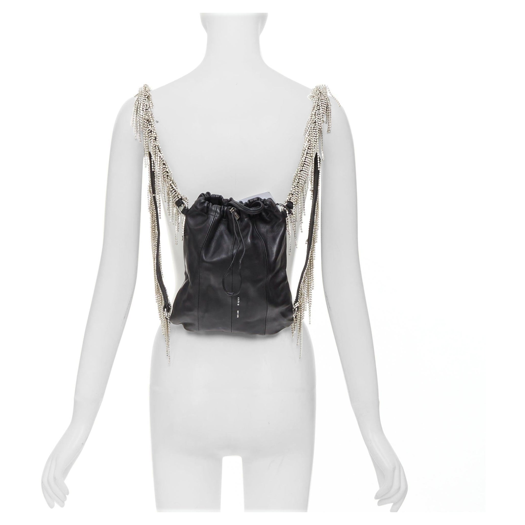 KARA black leather white logo strass fringe crystal mini backpack bag For Sale
