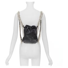 KARA black leather white logo strass fringe crystal mini backpack bag
