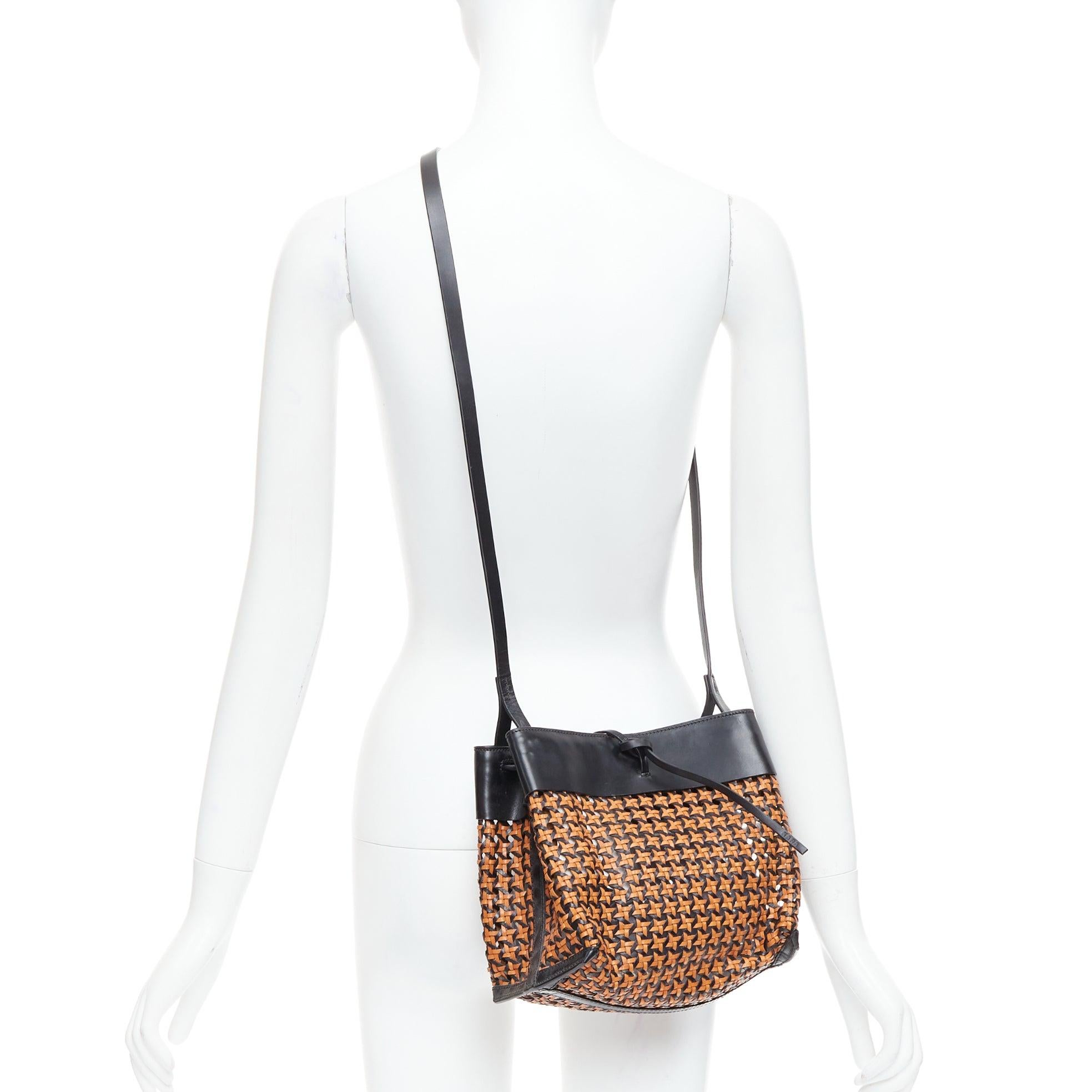 Black KARA brown woven leather black trimmed tie front crossbody bag For Sale