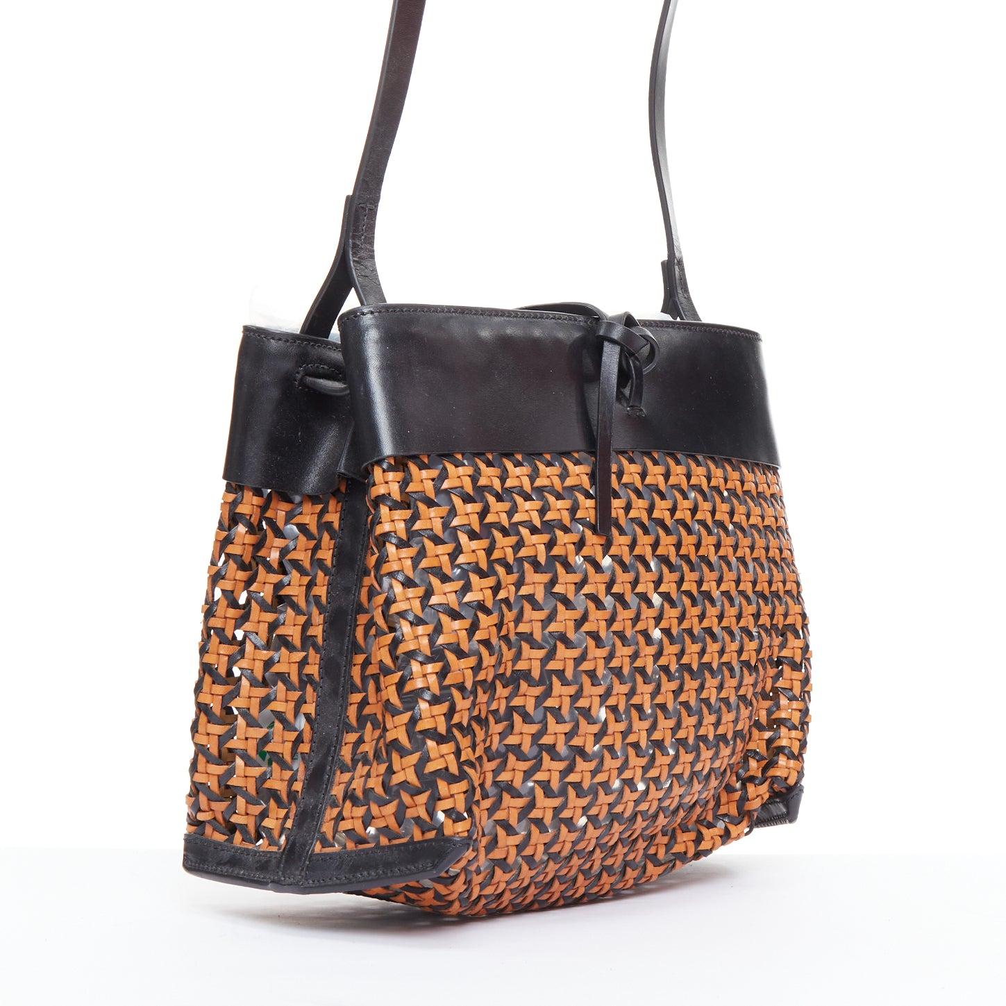 KARA brown woven leather black trimmed tie front crossbody bag In Good Condition For Sale In Hong Kong, NT