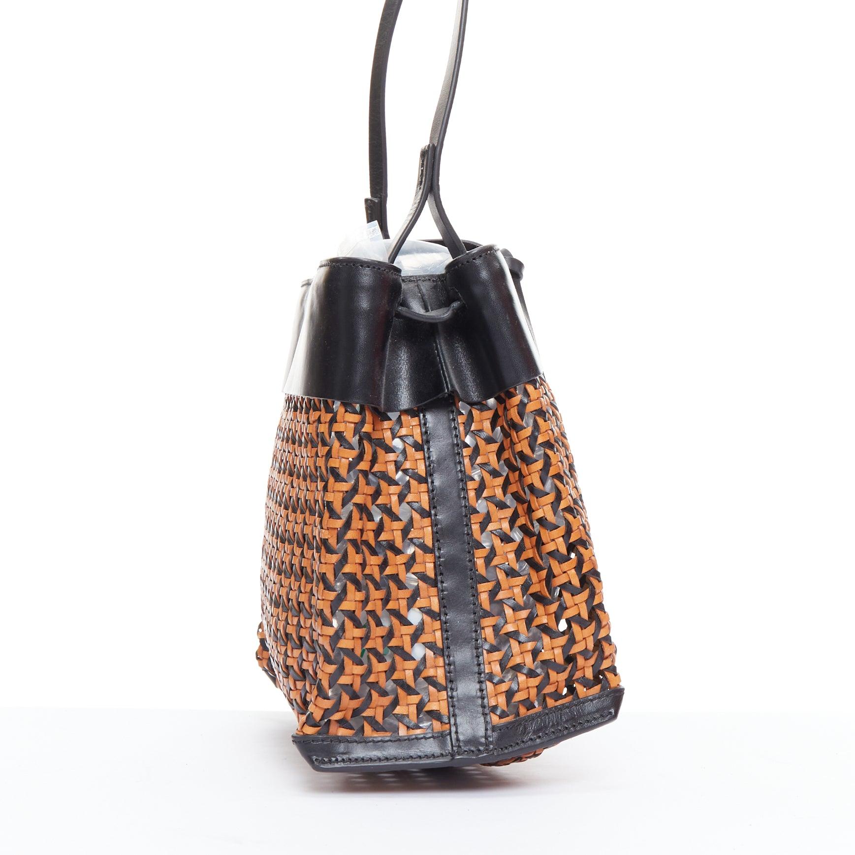 Women's KARA brown woven leather black trimmed tie front crossbody bag For Sale