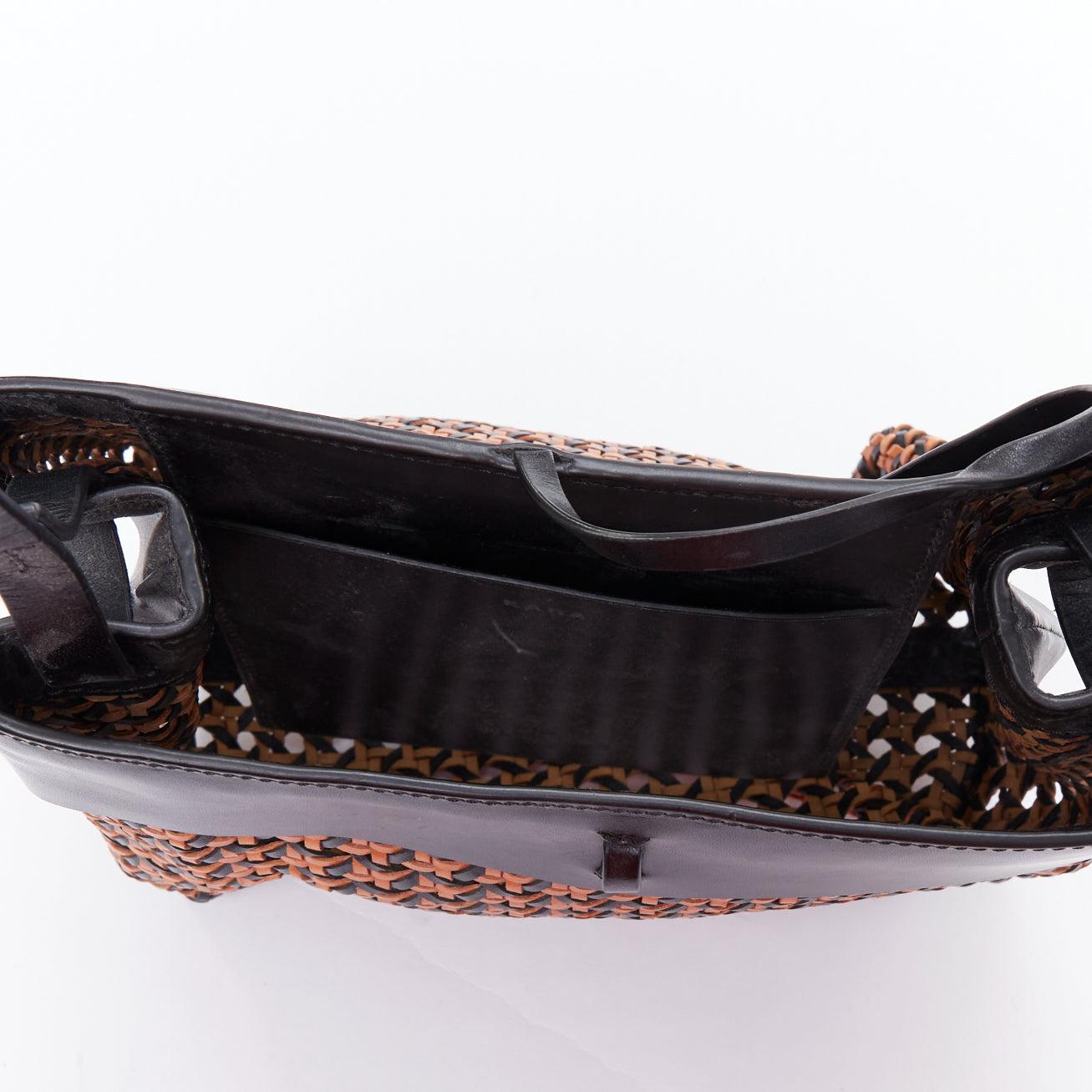 KARA brown woven leather black trimmed tie front crossbody bag For Sale 2
