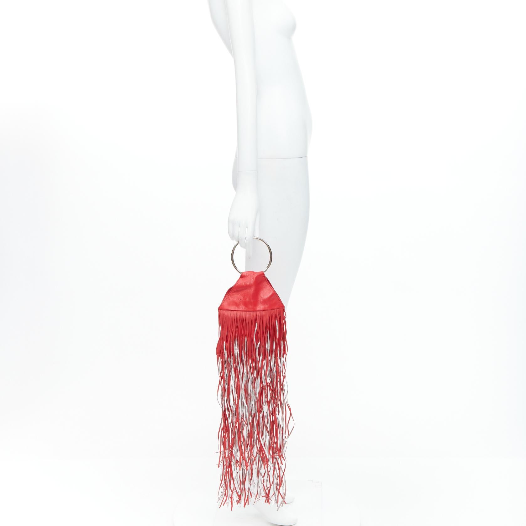 KARA NEW YORK Fringe Pouch red silver O ring handle mini clutch bag
Reference: NKLL/A00305
Brand: Kara
Model: HB 2026013
Material: Leather
Color: Red, Silver
Pattern: Solid
Closure: Snap Buttons
Lining: Red Leather
Extra Details: Small logo at