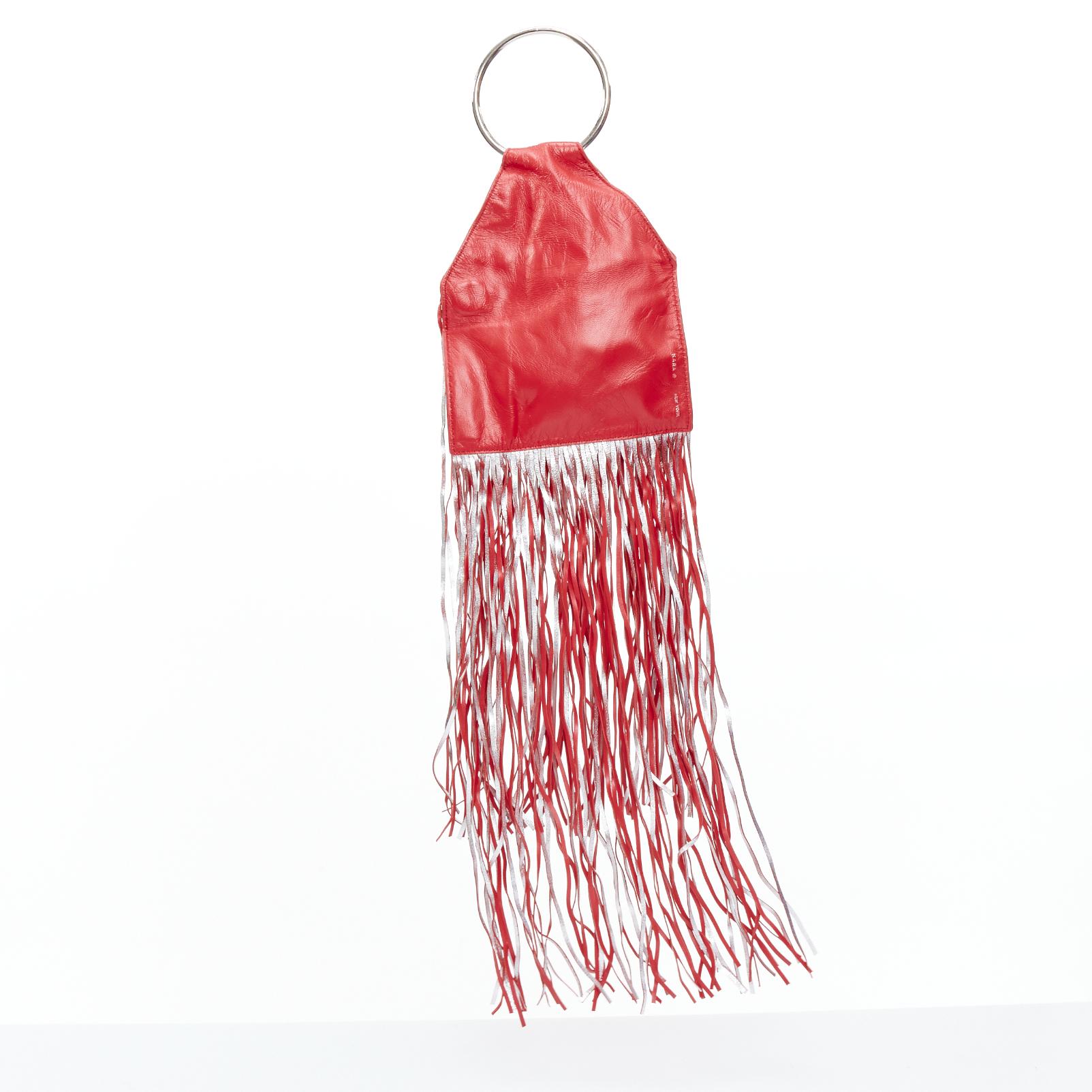 Women's KARA NEW YORK Fringe Pouch red silver O ring handle mini clutch bag