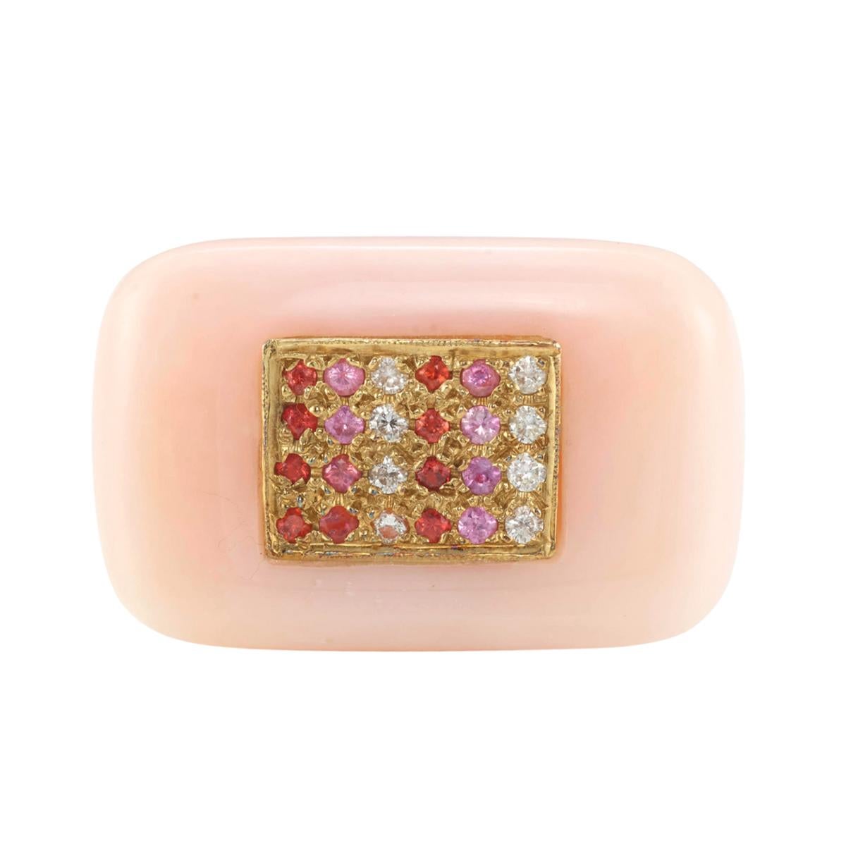 Pretty in Pink!

This pink and rose-hued ring sparkles with diamond accents to create and fun cupcake-inspired jewel. Set in 18k yellow gold and pink opal and signed by Kara Ross.

Width is 1-7/5 inches
Approximate weight is 27 grams
Brilliant-cut
