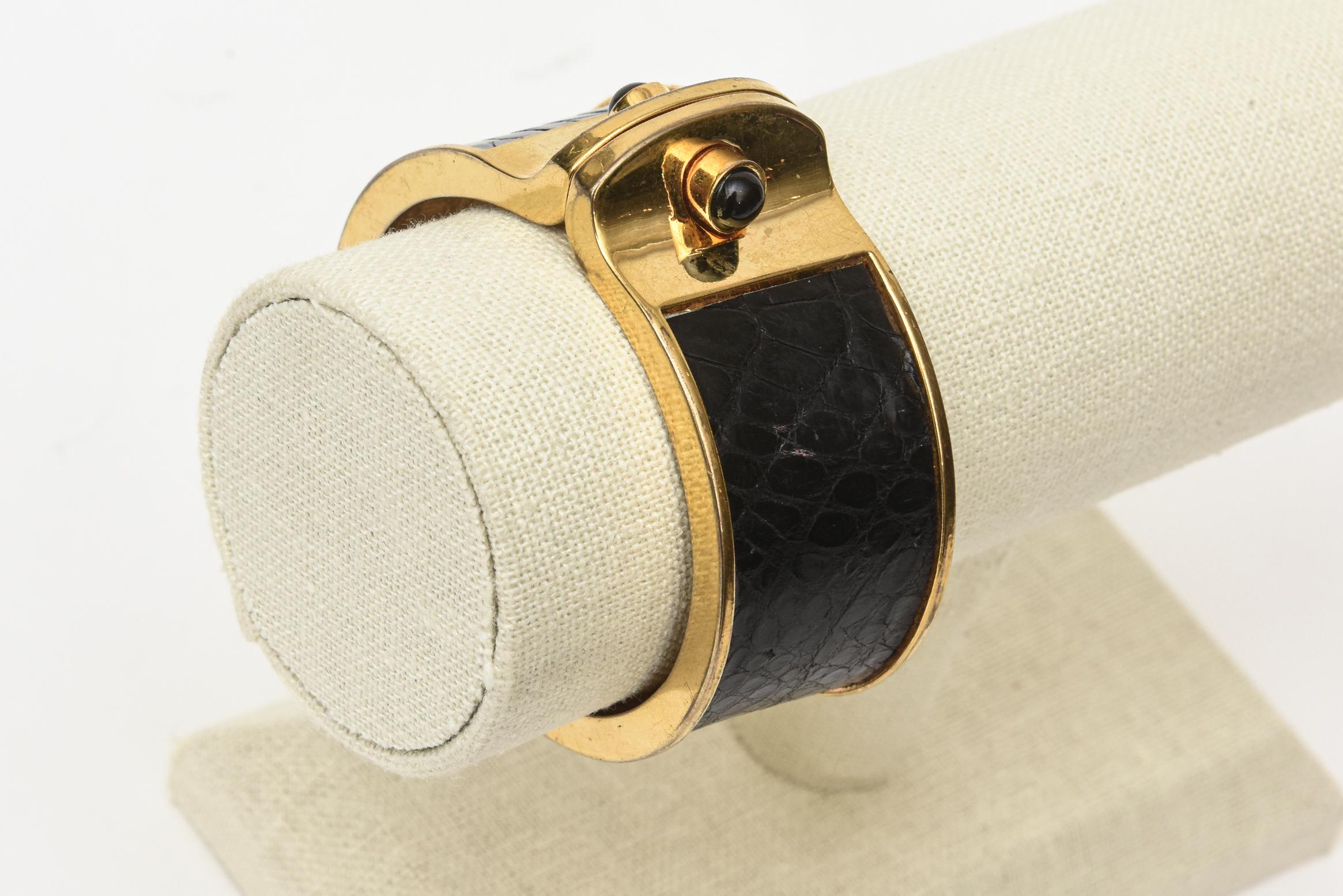 Kara Ross Stamped Leather and Gold Plated Hinged Cuff Bracelet For Sale 2