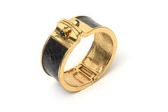 Kara Ross Stamped Leather and Gold Plated Hinged Cuff Bracelet