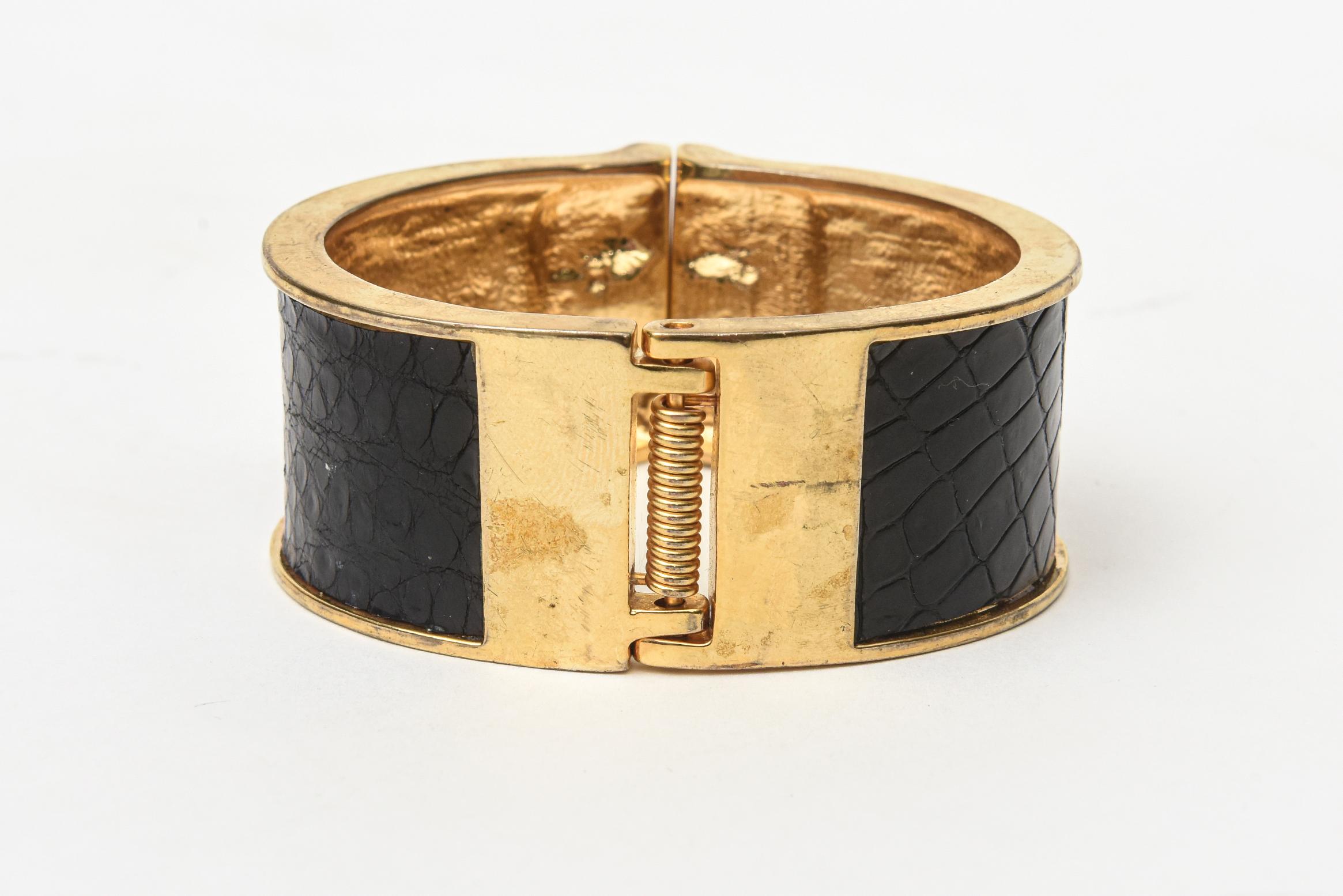 Modern Kara Ross Stamped Leather and Gold Plated Hinged Cuff Bracelet For Sale