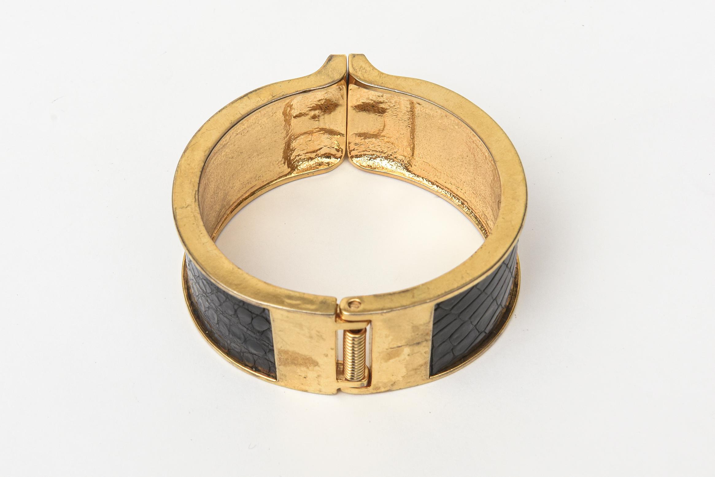 Kara Ross Stamped Leather and Gold Plated Hinged Cuff Bracelet For Sale 1