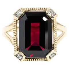 Vintage Circa 1990s Emerald Cut Rhodolite Garnet & Diamond Ring 9 Carat Gold