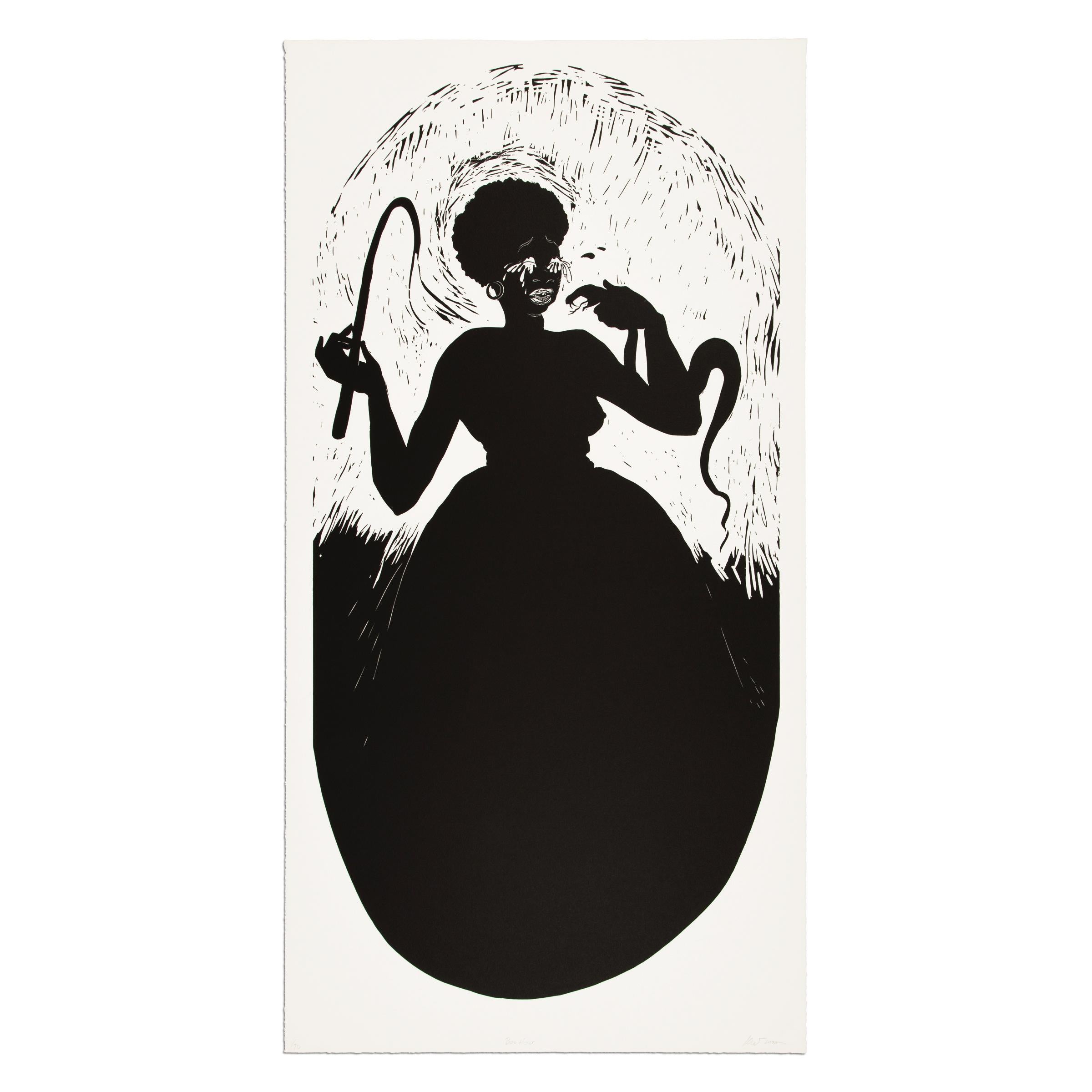 Kara Walker (American, b. 1969)
Boo-Hoo, 2000
Medium: Linocut on Arches Cover paper
Dimensions: 100.8 x 52.4 cm (40 x 20 1/2 in)
Edition of 70 + XXX: Hand-signed, titled, dated and numbered in pencil
Publisher: Parkett, Zurich and New York
Printer:
